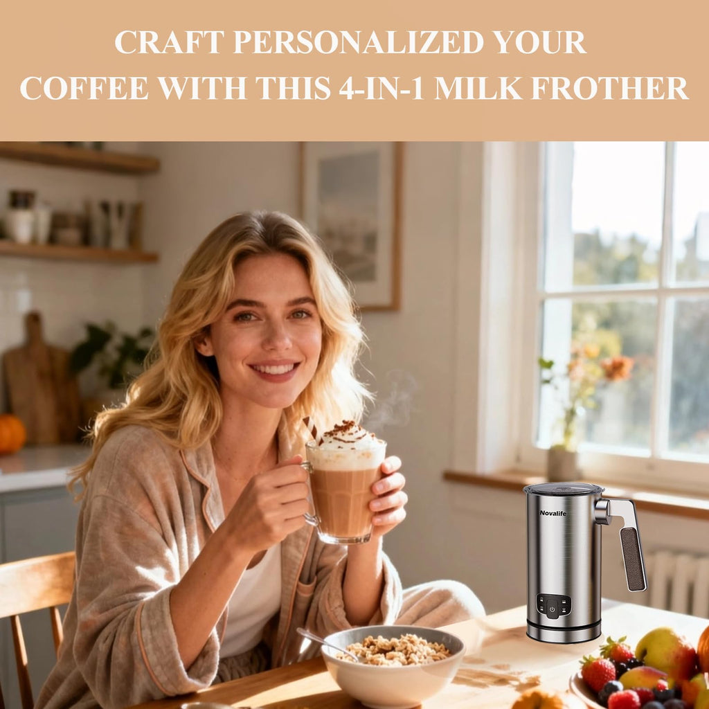 Milk Frother, 4 in 1 Milk Frother and Steamer with Two Whisks, Frothing Whisk and Heating Whisk, Automatic Warm and Cold Foam Maker for Coffee Latte Cappuccino Macchiato Hot Chocolate Matcha