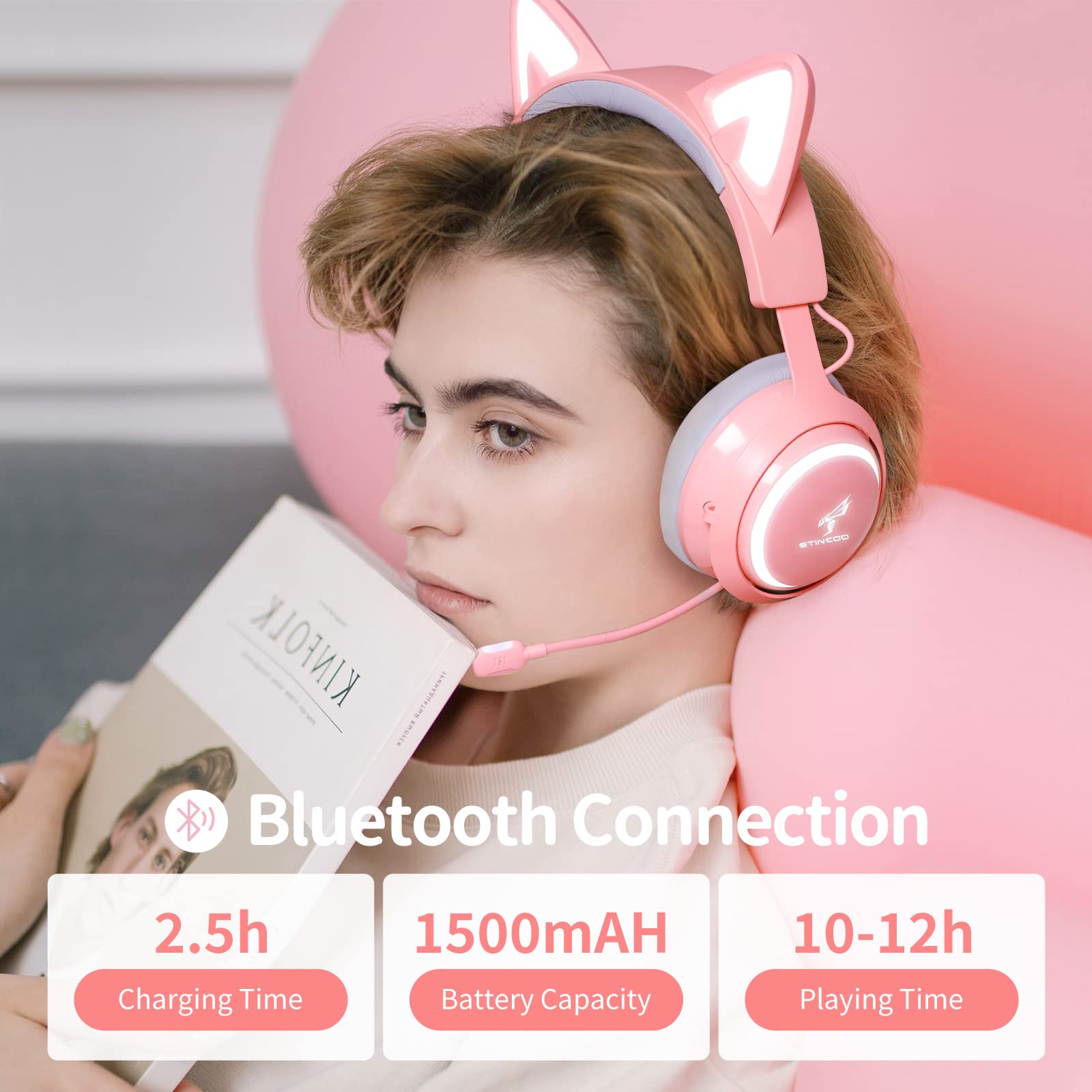 Wireless Cat Ear Headphones, Pink Gaming Headset Bluetooth 5.0 for Smartphone, Retractable Mic, 50mm Drivers, RGB Lighting Headset with Mic (USB Dongle Not Included)