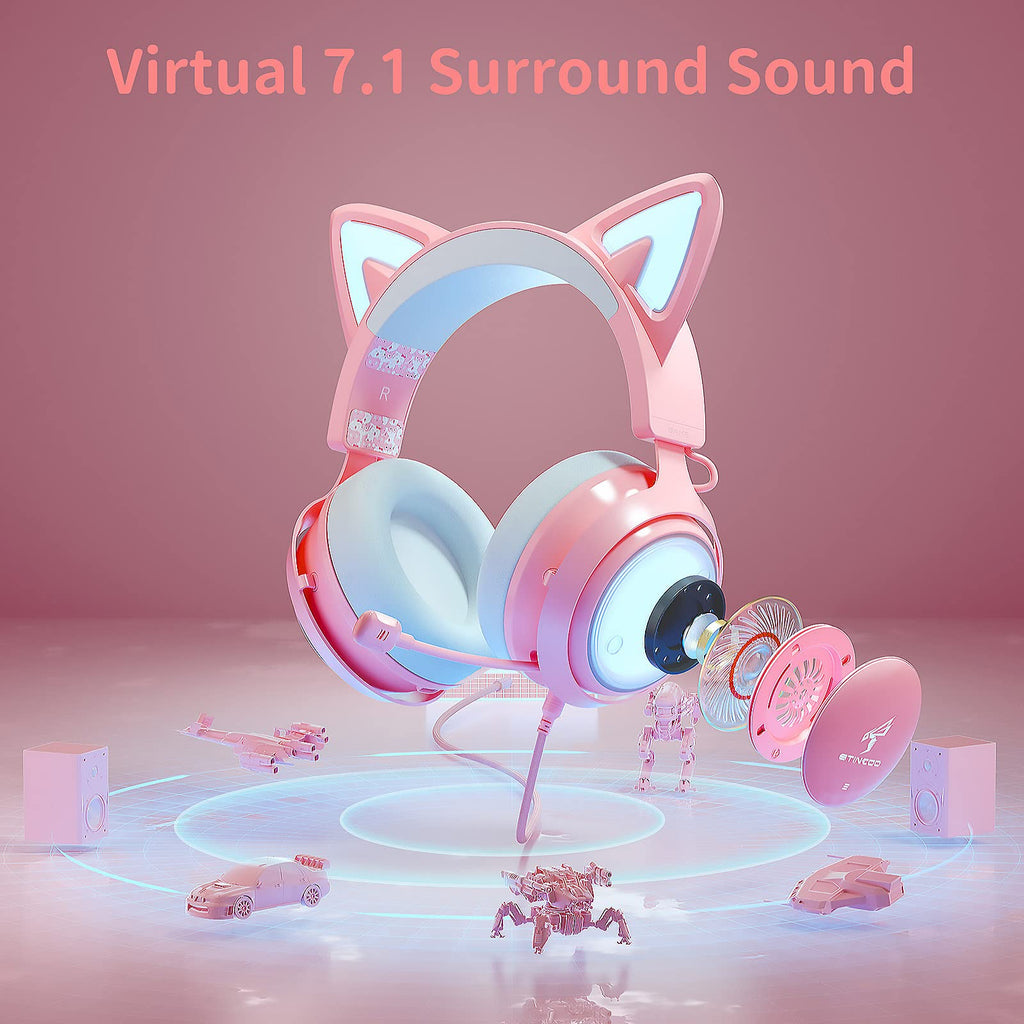 Wireless Cat Ear Headphones, Pink Gaming Headset Bluetooth 5.0 for Smartphone, Retractable Mic, 50mm Drivers, RGB Lighting Headset with Mic (USB Dongle Not Included)