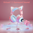 Wireless Cat Ear Headphones, Pink Gaming Headset Bluetooth 5.0 for Smartphone, Retractable Mic, 50mm Drivers, RGB Lighting Headset with Mic (USB Dongle Not Included)
