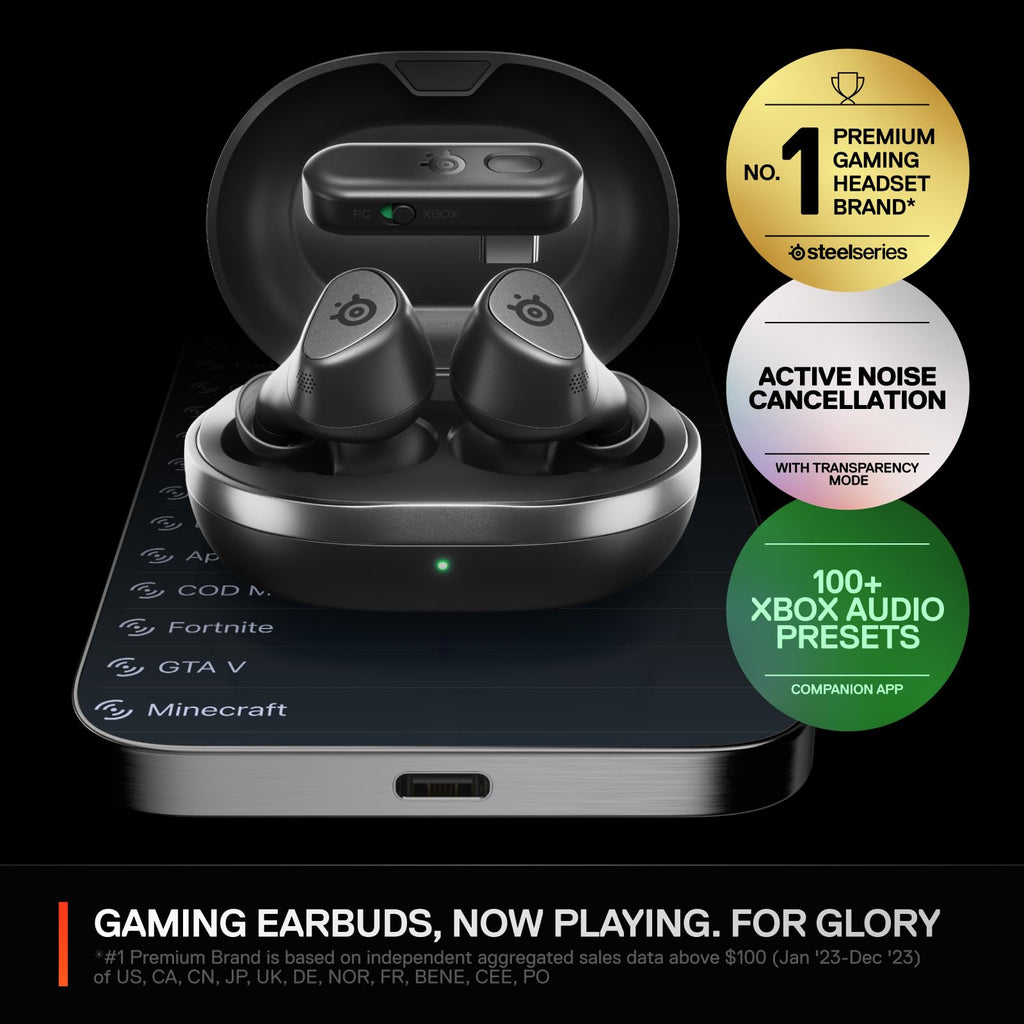 Arctis GameBuds for PlayStation/PC/Switch/Mobile — 2.4GHz + Bluetooth 5.3 Earbuds — Active Noise Cancelling — Mobile App Sound Presets — Water Resistant IP55 — 40H Battery with Qi Charging Case