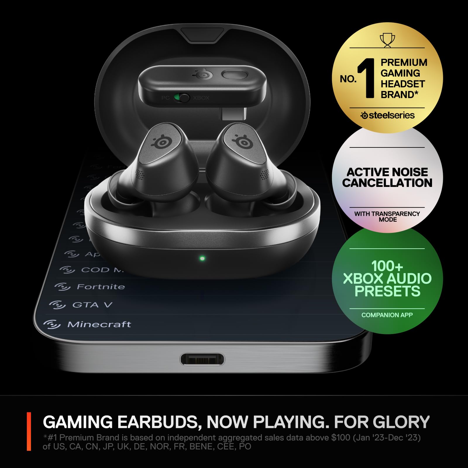 Arctis GameBuds for PlayStation/PC/Switch/Mobile — 2.4GHz + Bluetooth 5.3 Earbuds — Active Noise Cancelling — Mobile App Sound Presets — Water Resistant IP55 — 40H Battery with Qi Charging Case