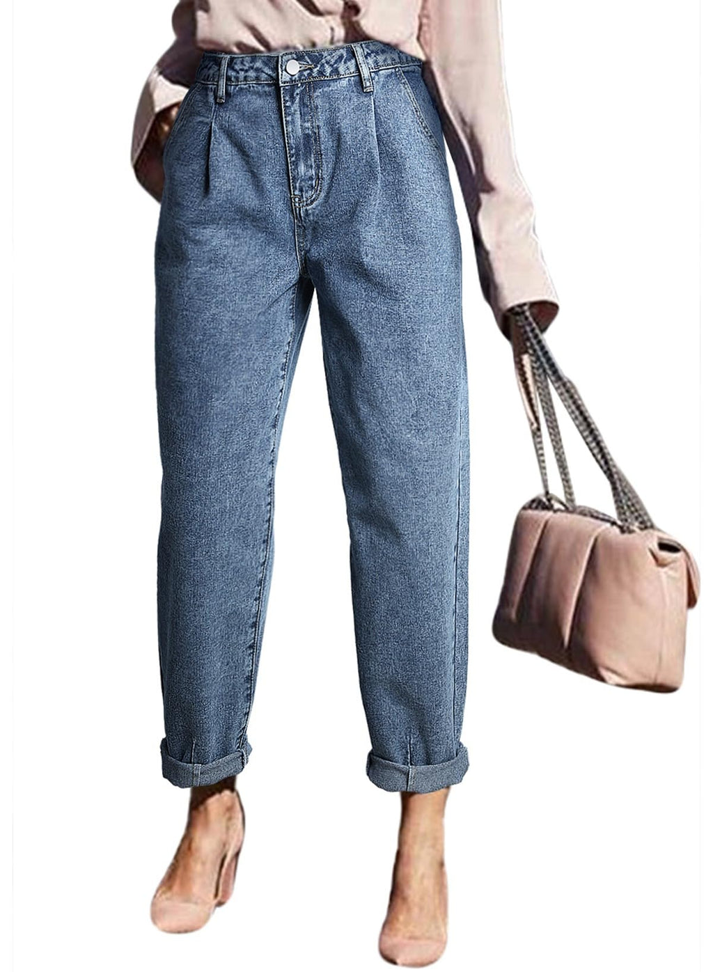 Astylish Womens High Waisted Baggy Jeans Boyfriend Cropped Loose Denim Pants