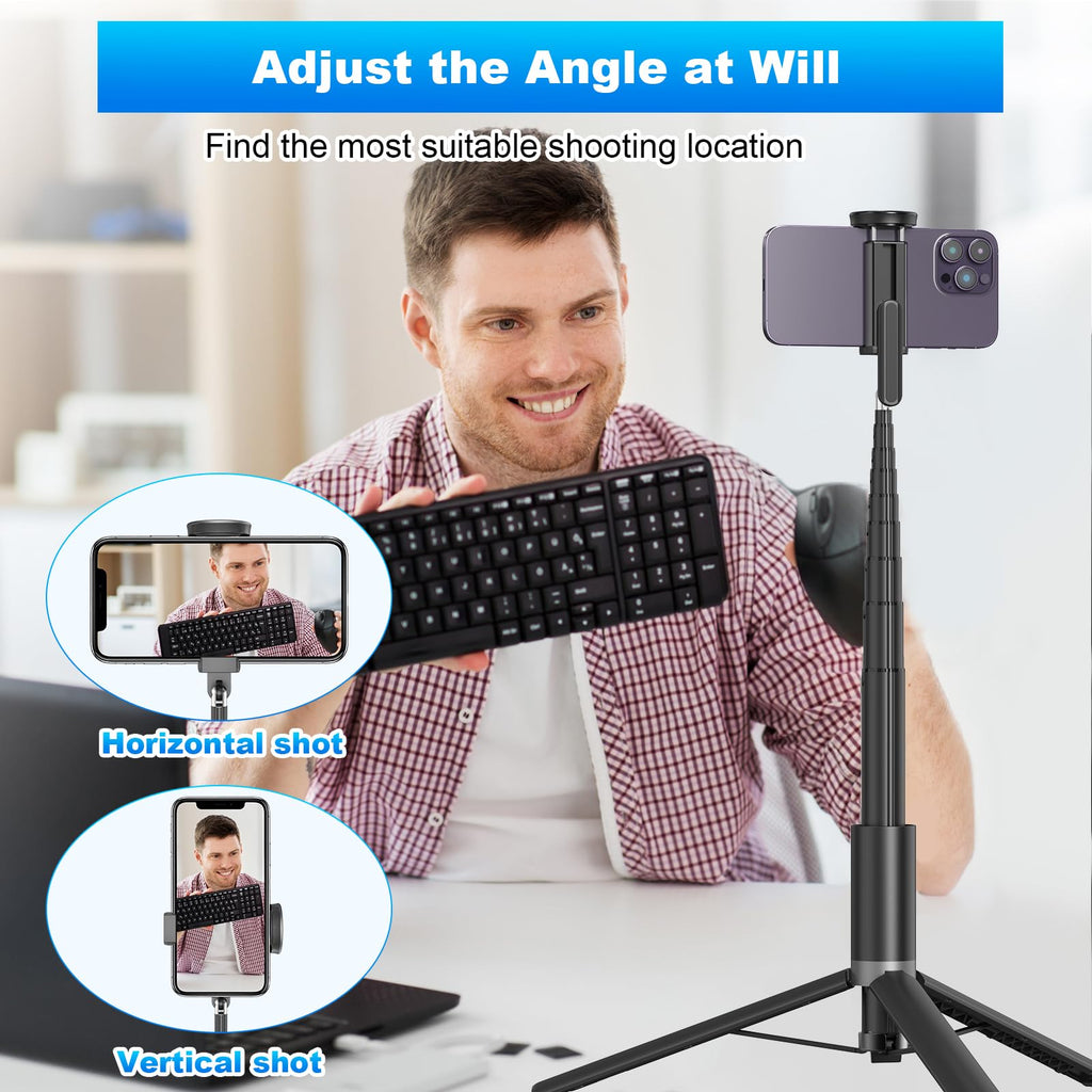 TONEOF 68" Magnetic Selfie Stick Tripod with Aluminum Strong Magnetic Holder for Magsafe, 360° Rotatable Travel Phone Tripod Stand with Metal Ring & Rechargeable Remote for iPhone/Android(Beige Gray)
