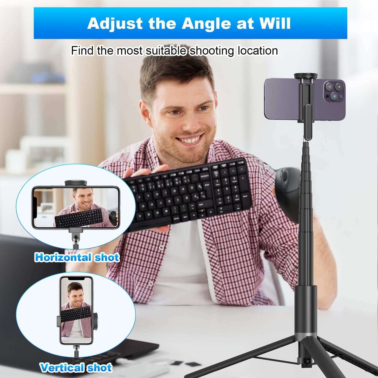 TONEOF 68" Magnetic Selfie Stick Tripod with Aluminum Strong Magnetic Holder for Magsafe, 360° Rotatable Travel Phone Tripod Stand with Metal Ring & Rechargeable Remote for iPhone/Android(Beige Gray)