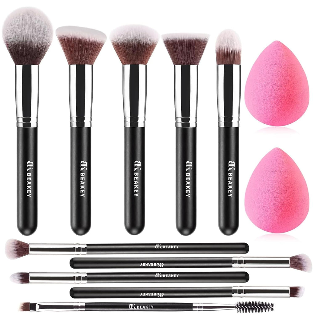 BEAKEY Makeup Brushes Set, Professional Foundation Eyeshadow Concealer Blush Powder Bronzer Applicator, 2 Blender Sponge with Beauty Paper Case stocking stuffers