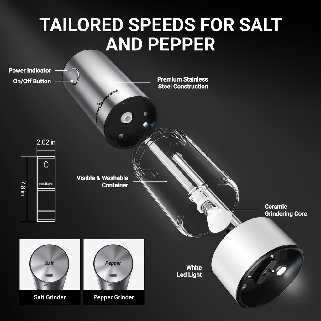 ThermoMaven Upgraded Larger Capacity Electric Salt and Pepper Grinder Set, 110ml Rechargeable Salt and Pepper Shaker with LED light, Stainless Steel Automatic Pepper Mill with 6 Adjustable Coarseness