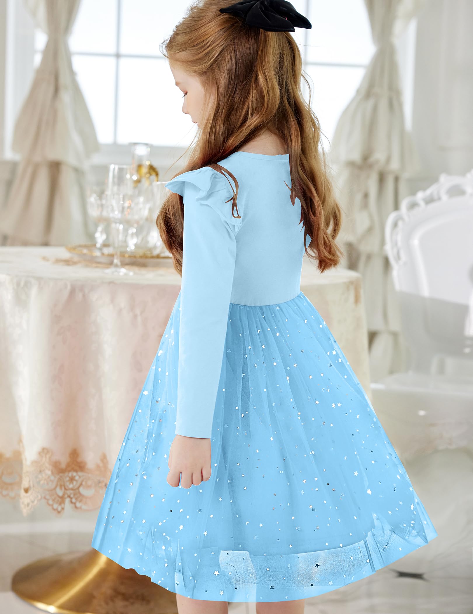 Arshiner Toddler Girls Tutu Dresses Long Sleeve Ruffle Fall Winter Holiday Star Sequin Tulle Dress 2-6Y