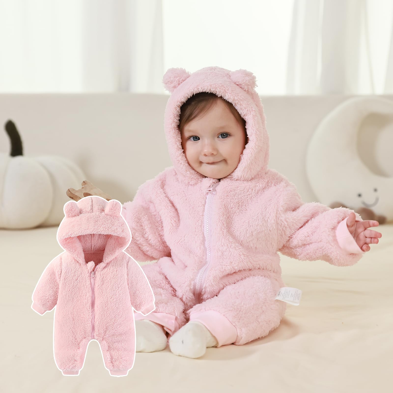 Newborn Baby Bear Outfit Suit Girls Boys Fleece Jumpsuit Romper Hooded Winter Snowsuit Clothes