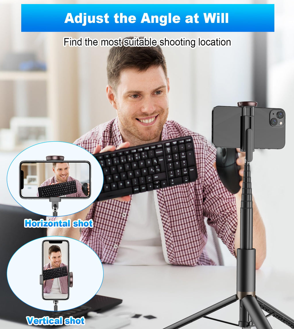 TONEOF 68" Magnetic Selfie Stick Tripod with Aluminum Strong Magnetic Holder for Magsafe, 360° Rotatable Travel Phone Tripod Stand with Metal Ring & Rechargeable Remote for iPhone/Android(Beige Gray)