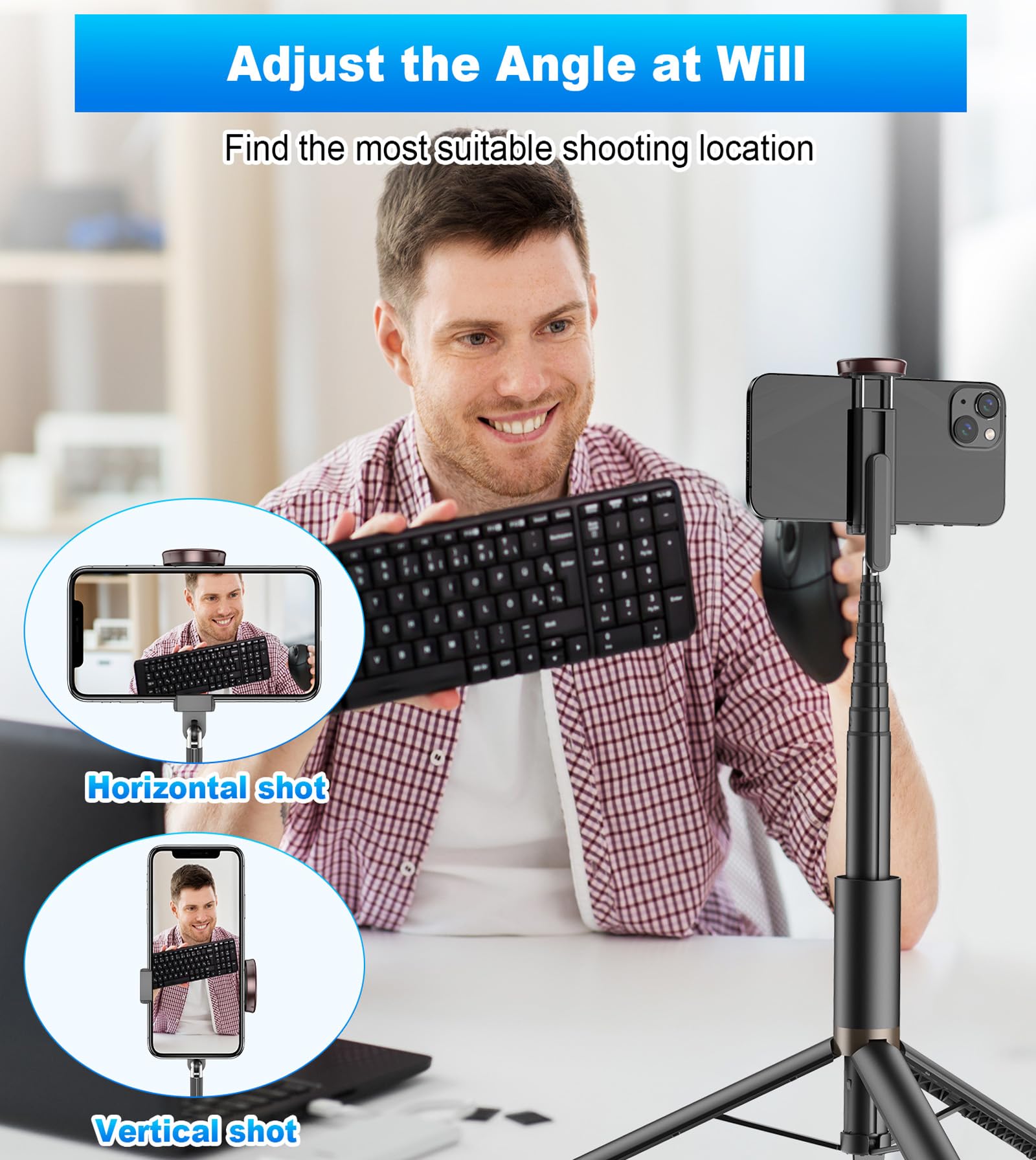 TONEOF 68" Magnetic Selfie Stick Tripod with Aluminum Strong Magnetic Holder for Magsafe, 360° Rotatable Travel Phone Tripod Stand with Metal Ring & Rechargeable Remote for iPhone/Android(Beige Gray)