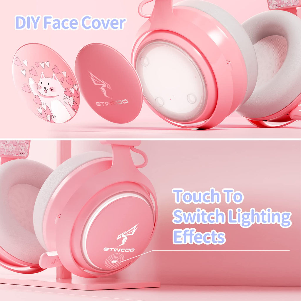 Wireless Cat Ear Headphones, Pink Gaming Headset Bluetooth 5.0 for Smartphone, Retractable Mic, 50mm Drivers, RGB Lighting Headset with Mic (USB Dongle Not Included)