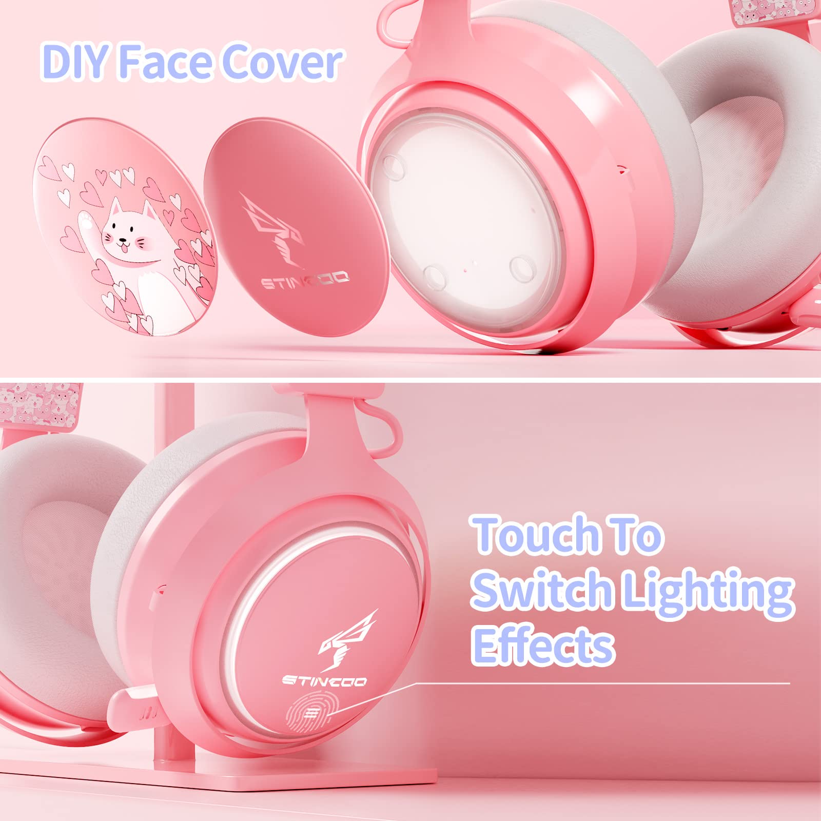 Wireless Cat Ear Headphones, Pink Gaming Headset Bluetooth 5.0 for Smartphone, Retractable Mic, 50mm Drivers, RGB Lighting Headset with Mic (USB Dongle Not Included)