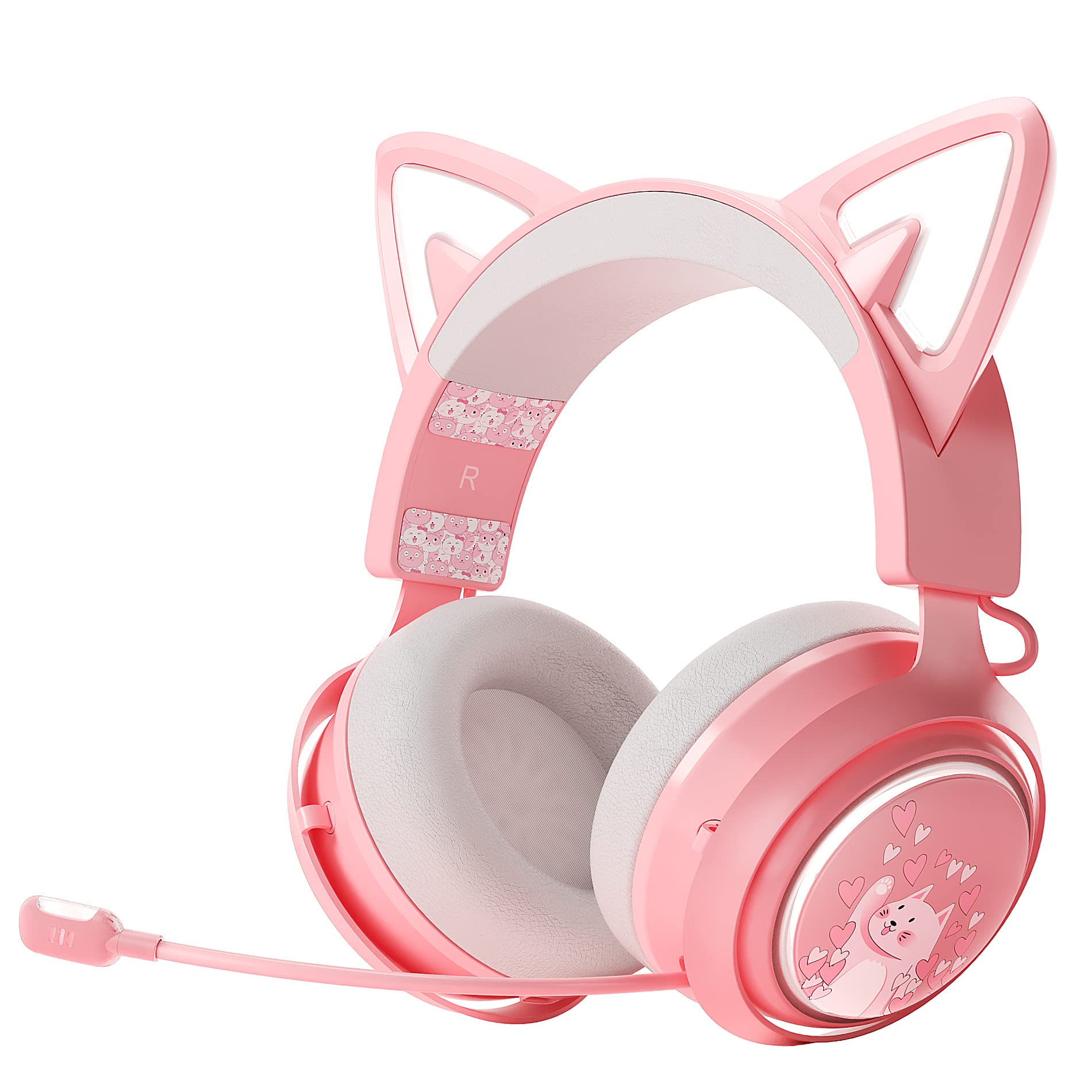 Wireless Cat Ear Headphones, Pink Gaming Headset Bluetooth 5.0 for Smartphone, Retractable Mic, 50mm Drivers, RGB Lighting Headset with Mic (USB Dongle Not Included)