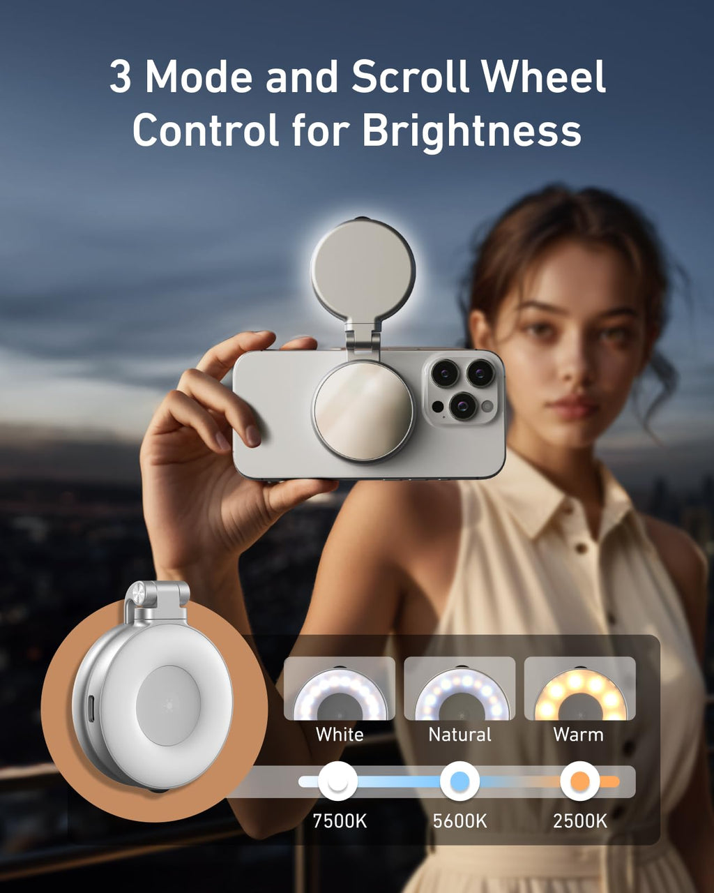 TELESIN C03 Magnetic Phone Beauty Selfie Light Compatible with iPhone Magsafe, CRI97 360° LED Selfie Ring Fill Light with Mirror for Selfies/Photography/TikTok/Zoom Calls/Video Conference(Black)