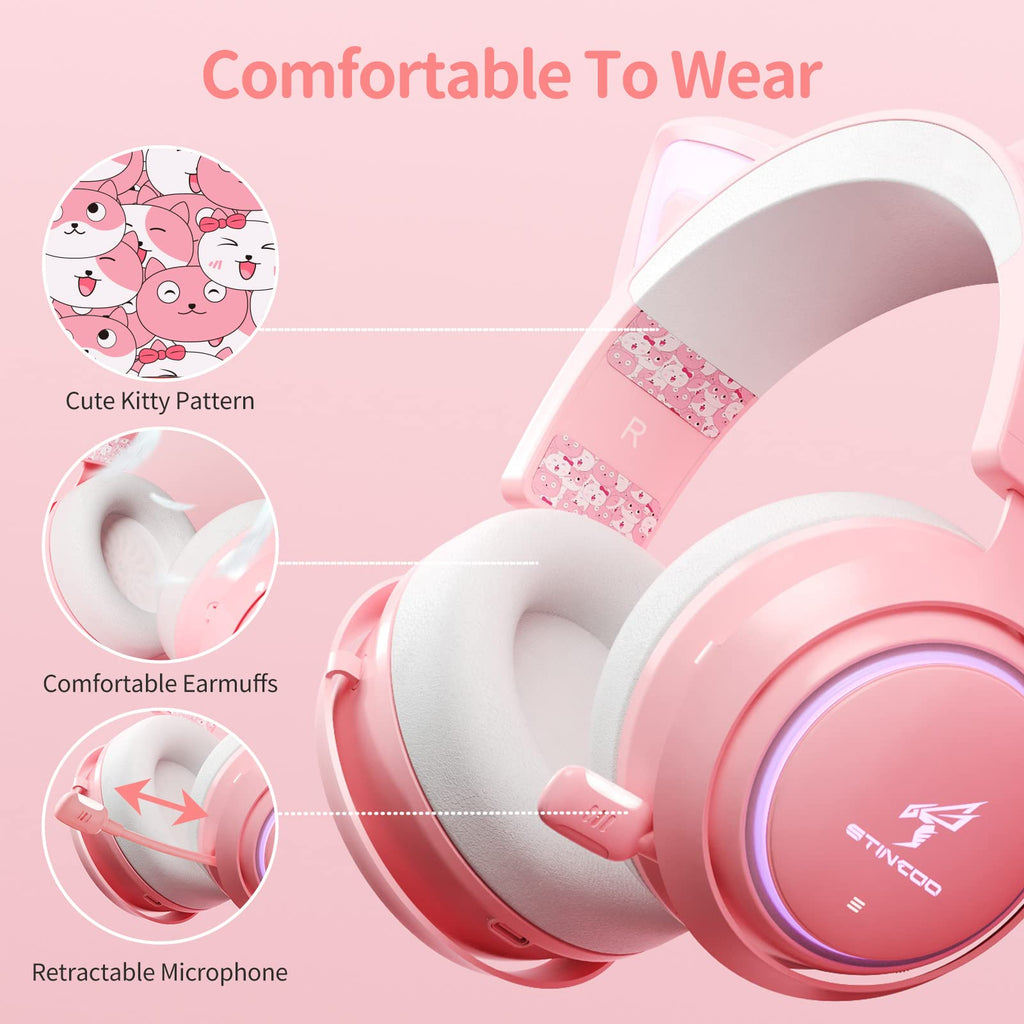 Wireless Cat Ear Headphones, Pink Gaming Headset Bluetooth 5.0 for Smartphone, Retractable Mic, 50mm Drivers, RGB Lighting Headset with Mic (USB Dongle Not Included)