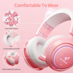 Wireless Cat Ear Headphones, Pink Gaming Headset Bluetooth 5.0 for Smartphone, Retractable Mic, 50mm Drivers, RGB Lighting Headset with Mic (USB Dongle Not Included)