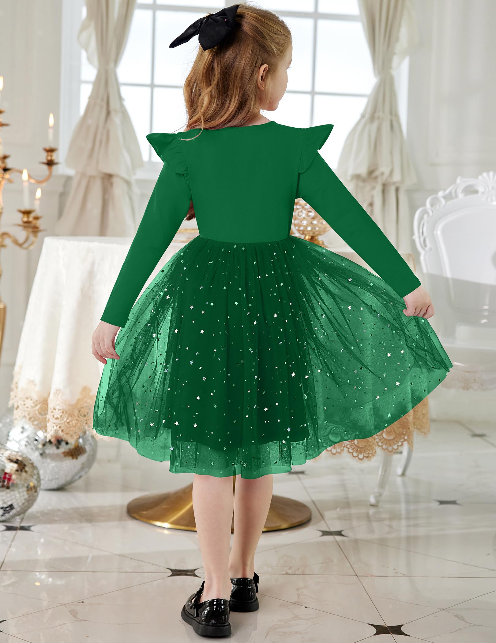 Arshiner Toddler Girls Tutu Dresses Long Sleeve Ruffle Fall Winter Holiday Star Sequin Tulle Dress 2-6Y