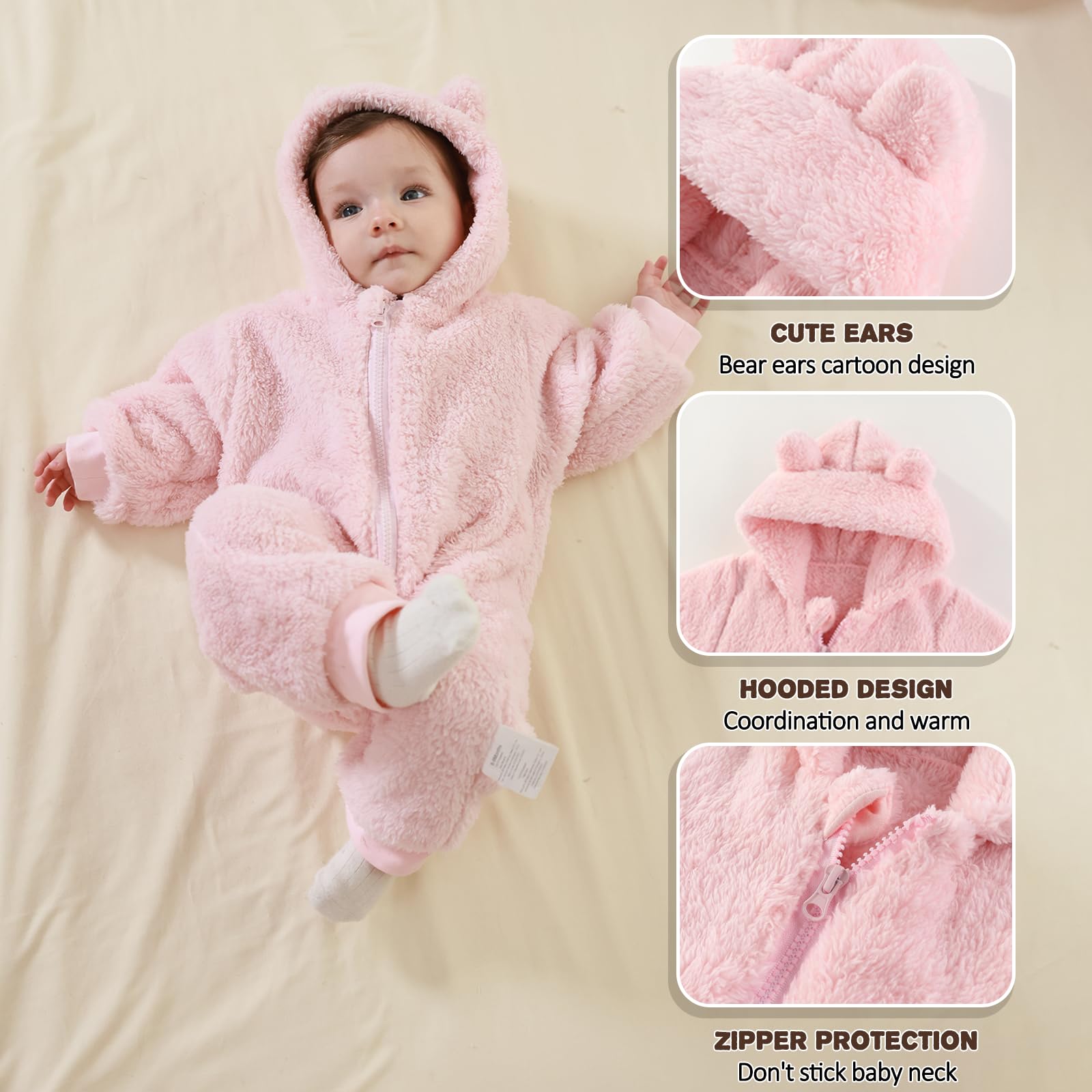 Newborn Baby Bear Outfit Suit Girls Boys Fleece Jumpsuit Romper Hooded Winter Snowsuit Clothes