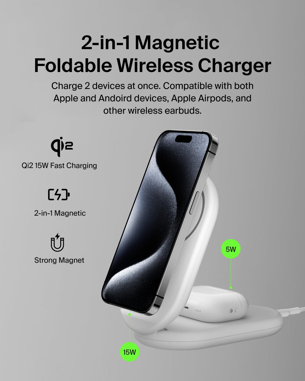 Belkin 3-in-1 MagSafe-Compatible iPhone Charger - Foldable Magnetic Qi2 Certified, MagSafe Charging Station for Phone, Apple Watch, AirPods - Wireless for Multiple Devices