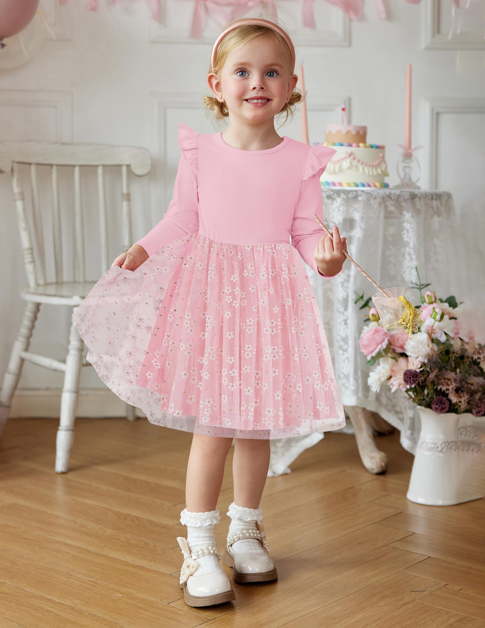 Arshiner Toddler Girls Tutu Dresses Long Sleeve Ruffle Fall Winter Holiday Star Sequin Tulle Dress 2-6Y