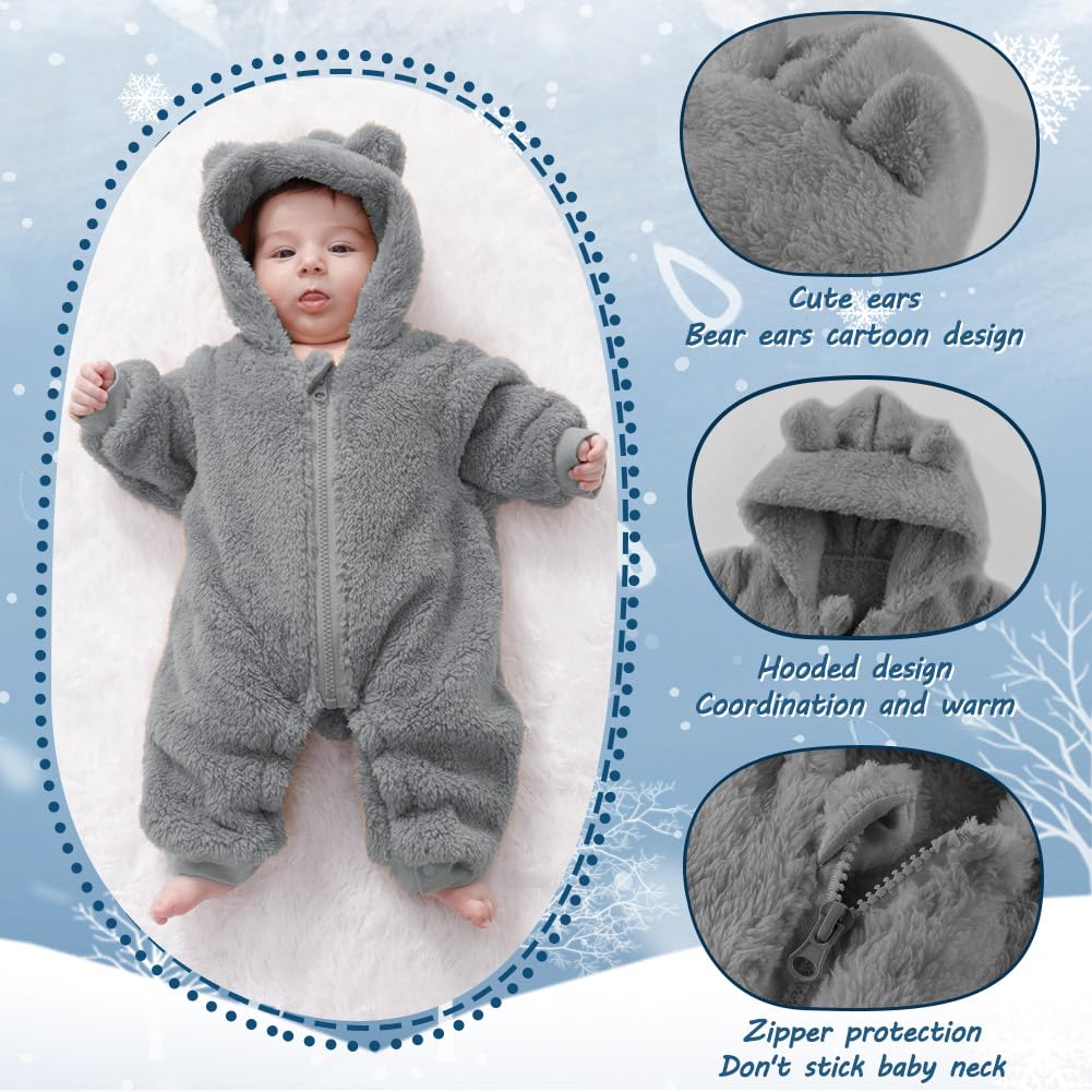 Newborn Baby Bear Outfit Suit Girls Boys Fleece Jumpsuit Romper Hooded Winter Snowsuit Clothes