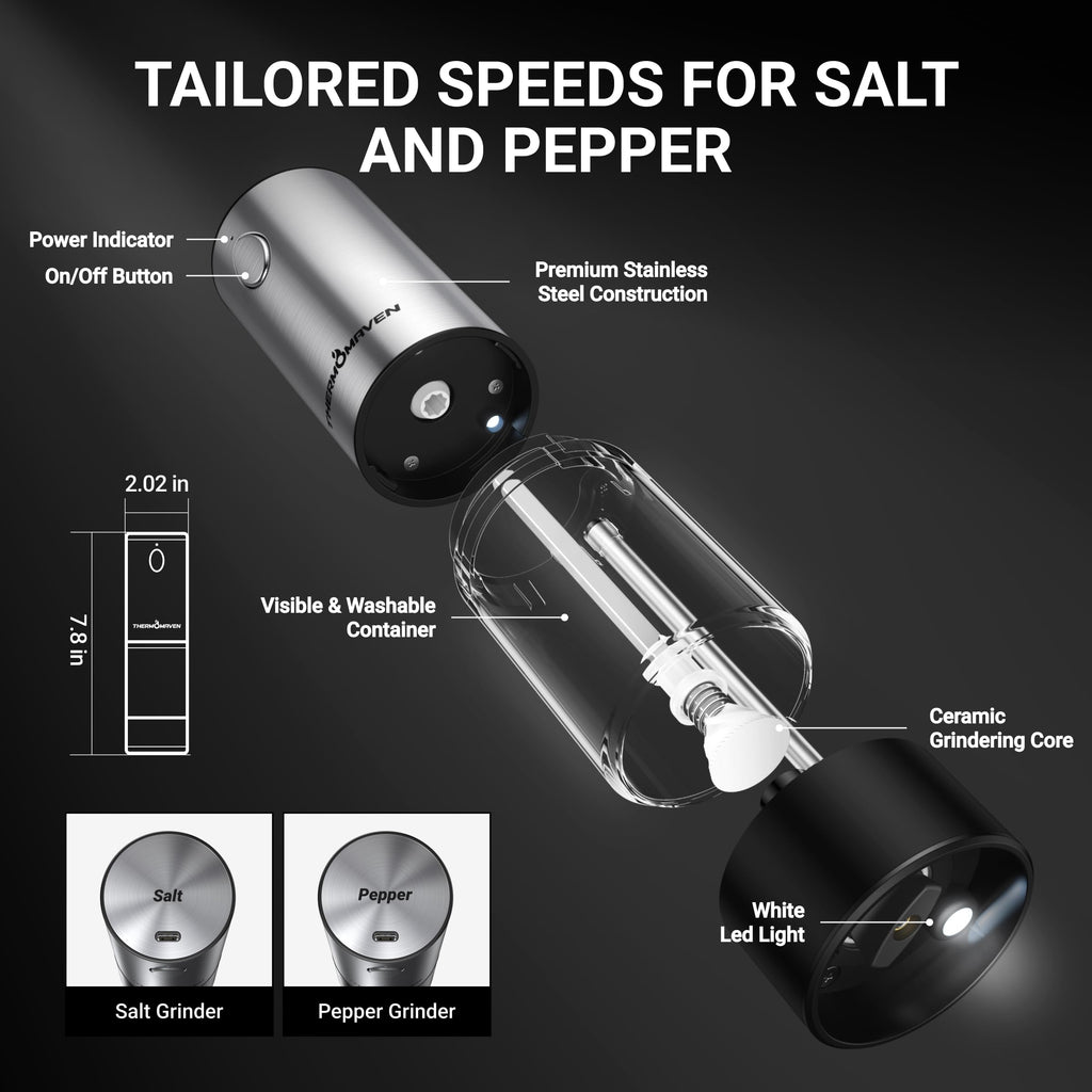 ThermoMaven Upgraded Larger Capacity Electric Salt and Pepper Grinder Set, 110ml Rechargeable Salt and Pepper Shaker with LED light, Stainless Steel Automatic Pepper Mill with 6 Adjustable Coarseness