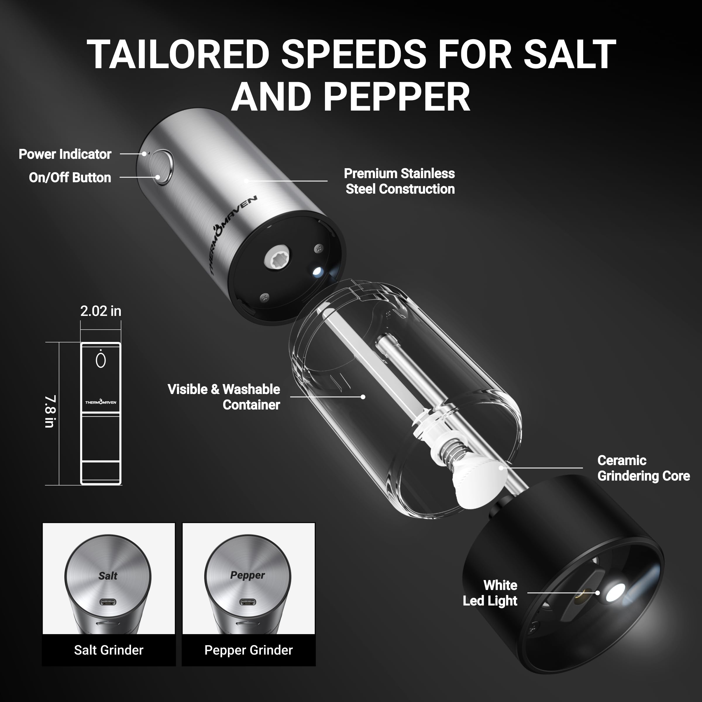 ThermoMaven Upgraded Larger Capacity Electric Salt and Pepper Grinder Set, 110ml Rechargeable Salt and Pepper Shaker with LED light, Stainless Steel Automatic Pepper Mill with 6 Adjustable Coarseness