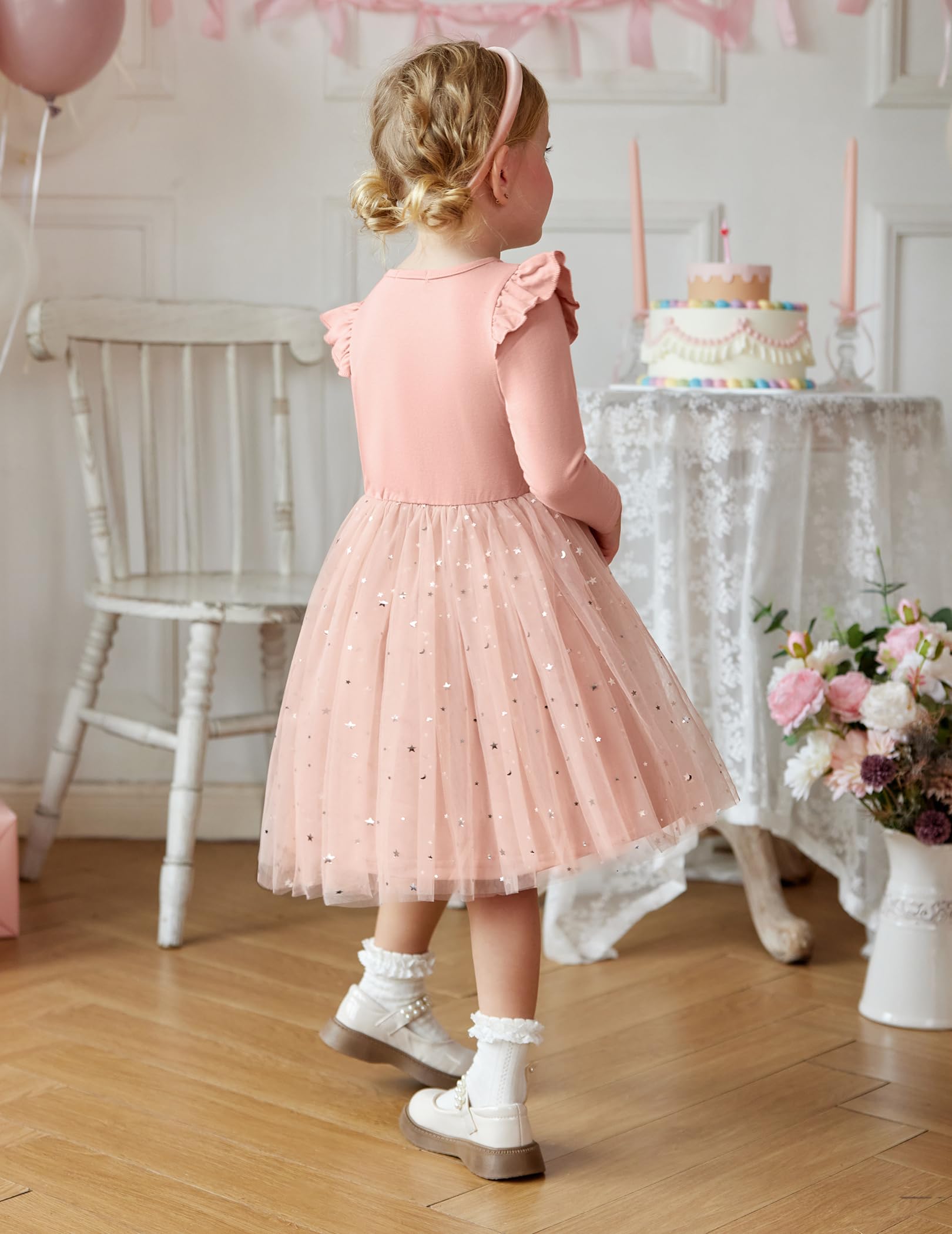 Arshiner Toddler Girls Tutu Dresses Long Sleeve Ruffle Fall Winter Holiday Star Sequin Tulle Dress 2-6Y