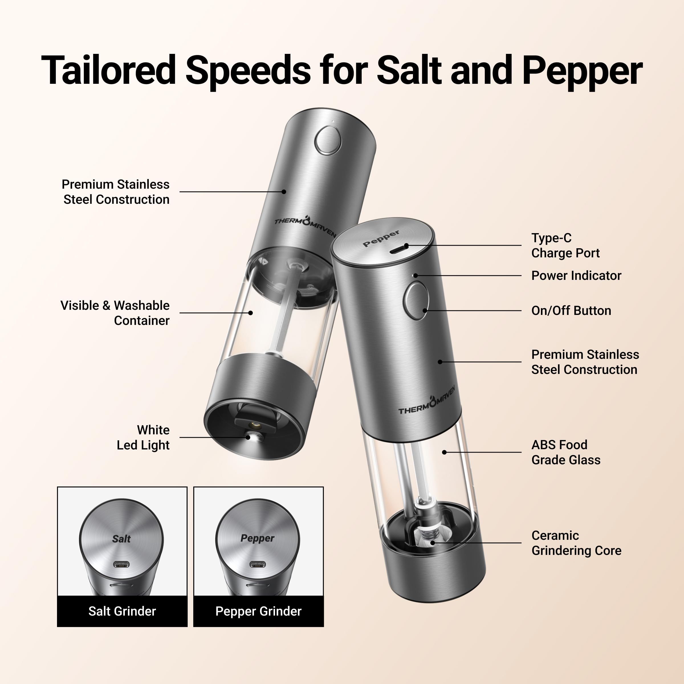 ThermoMaven Upgraded Larger Capacity Electric Salt and Pepper Grinder Set, 110ml Rechargeable Salt and Pepper Shaker with LED light, Stainless Steel Automatic Pepper Mill with 6 Adjustable Coarseness