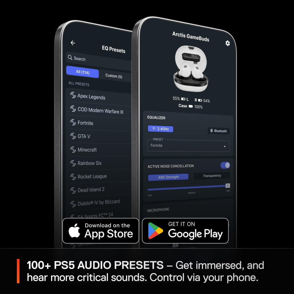Arctis GameBuds for PlayStation/PC/Switch/Mobile — 2.4GHz + Bluetooth 5.3 Earbuds — Active Noise Cancelling — Mobile App Sound Presets — Water Resistant IP55 — 40H Battery with Qi Charging Case
