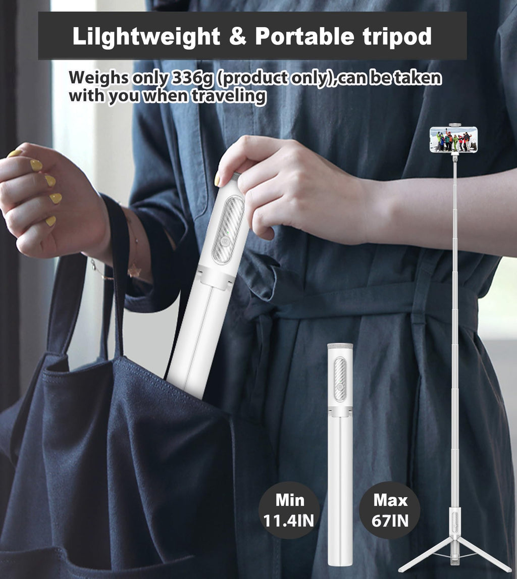 TONEOF 68" Magnetic Selfie Stick Tripod with Aluminum Strong Magnetic Holder for Magsafe, 360° Rotatable Travel Phone Tripod Stand with Metal Ring & Rechargeable Remote for iPhone/Android(Beige Gray)