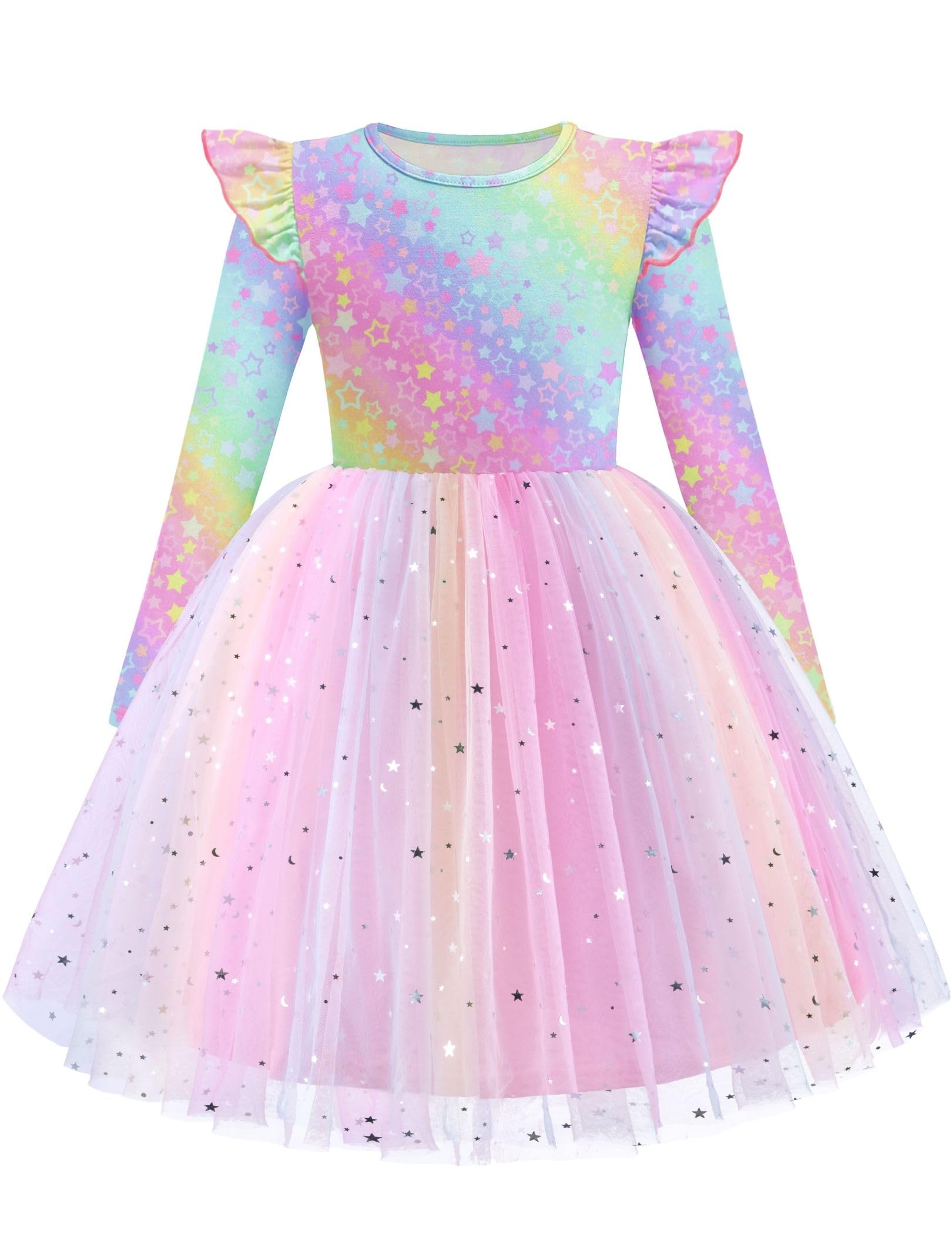 Arshiner Toddler Girls Tutu Dresses Long Sleeve Ruffle Fall Winter Holiday Star Sequin Tulle Dress 2-6Y