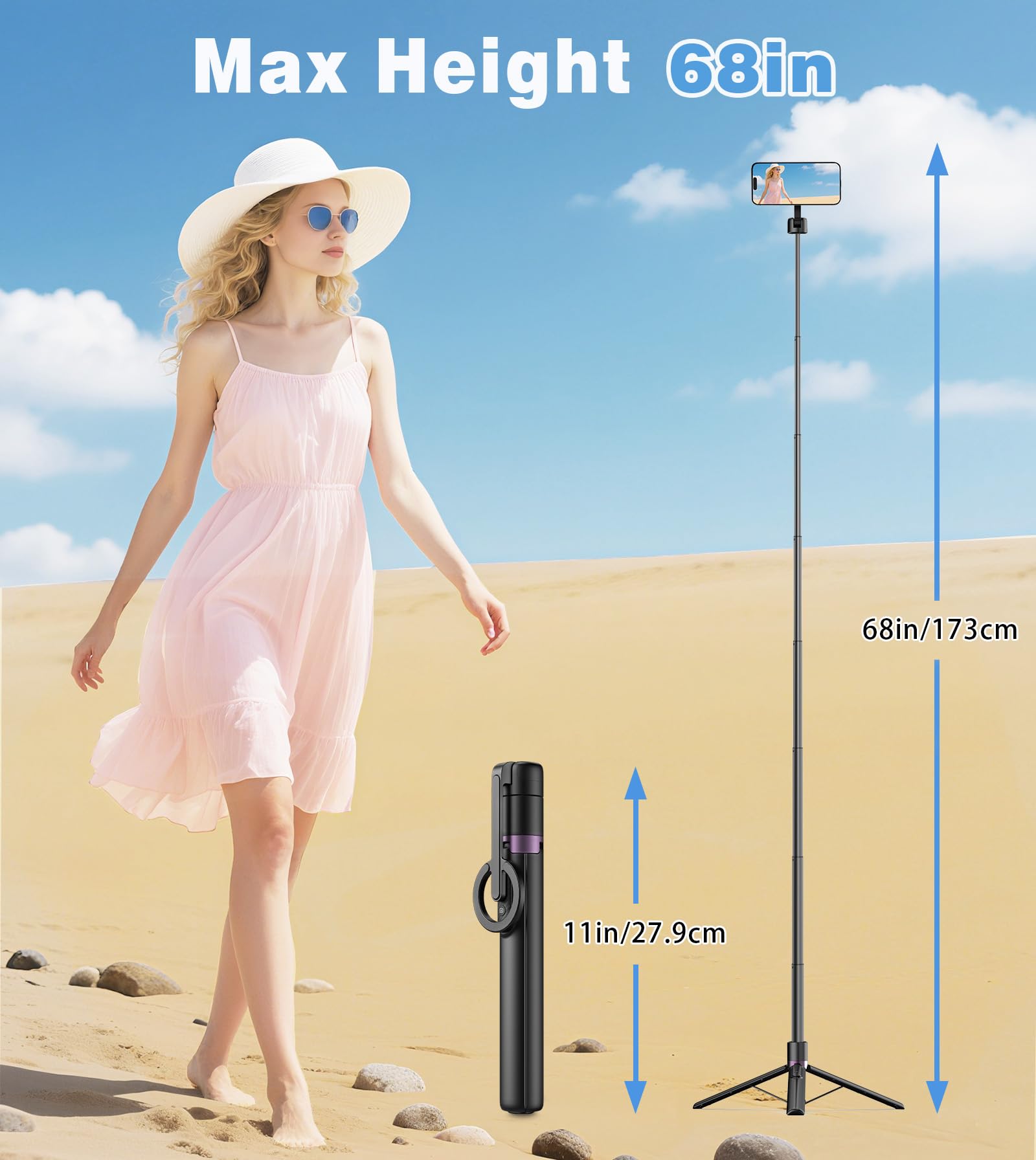 TONEOF 68" Magnetic Selfie Stick Tripod with Aluminum Strong Magnetic Holder for Magsafe, 360° Rotatable Travel Phone Tripod Stand with Metal Ring & Rechargeable Remote for iPhone/Android(Beige Gray)