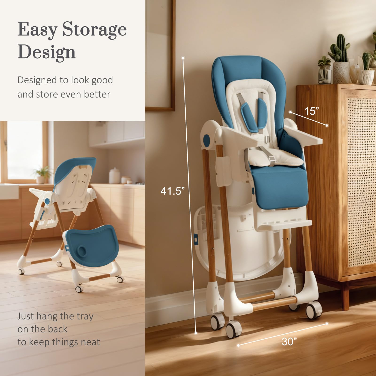 Mallify Foldable High Chairs for Babies and Toddlers, 3-in-1 Convertible Baby High Chair with Removable Soft Cushion and Tray, Adjustable Height & Recline, Lockable Wheels, Dark Blue