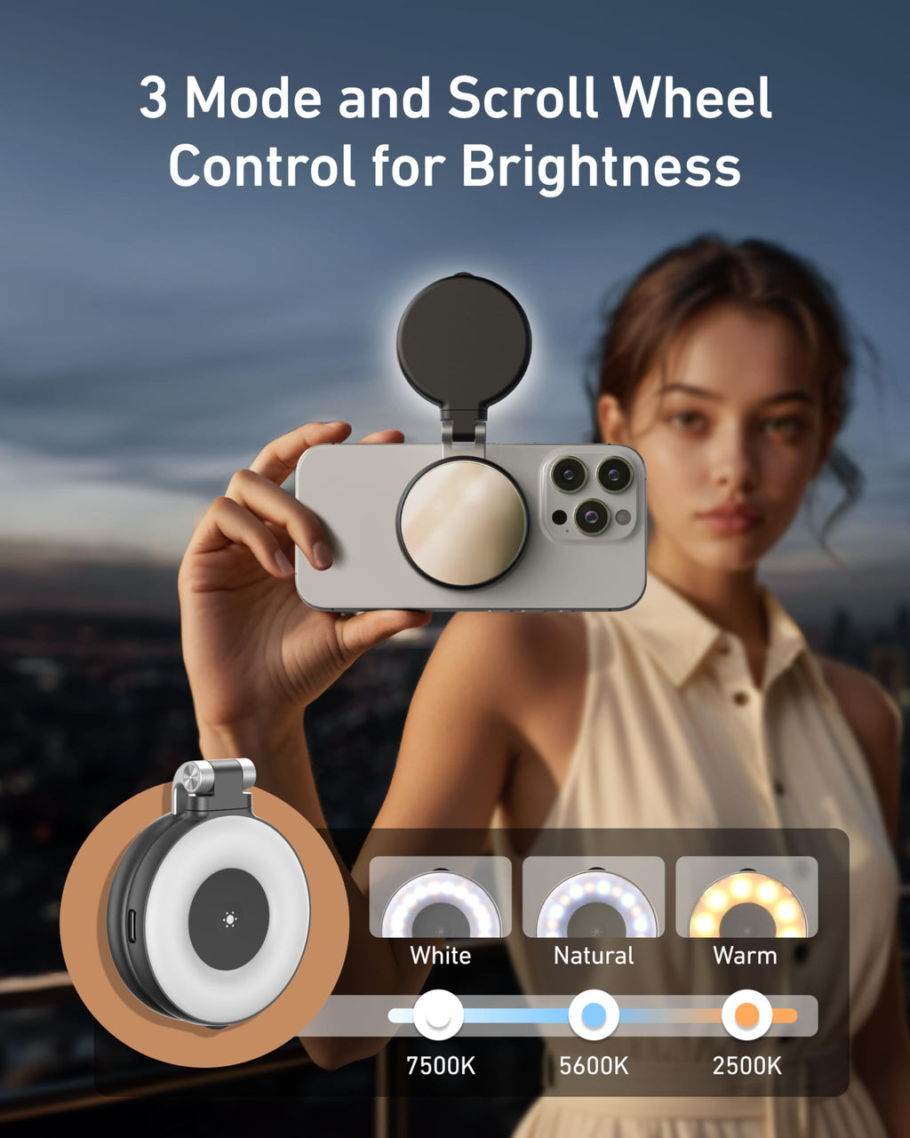 TELESIN C03 Magnetic Phone Beauty Selfie Light Compatible with iPhone Magsafe, CRI97 360° LED Selfie Ring Fill Light with Mirror for Selfies/Photography/TikTok/Zoom Calls/Video Conference(Black)