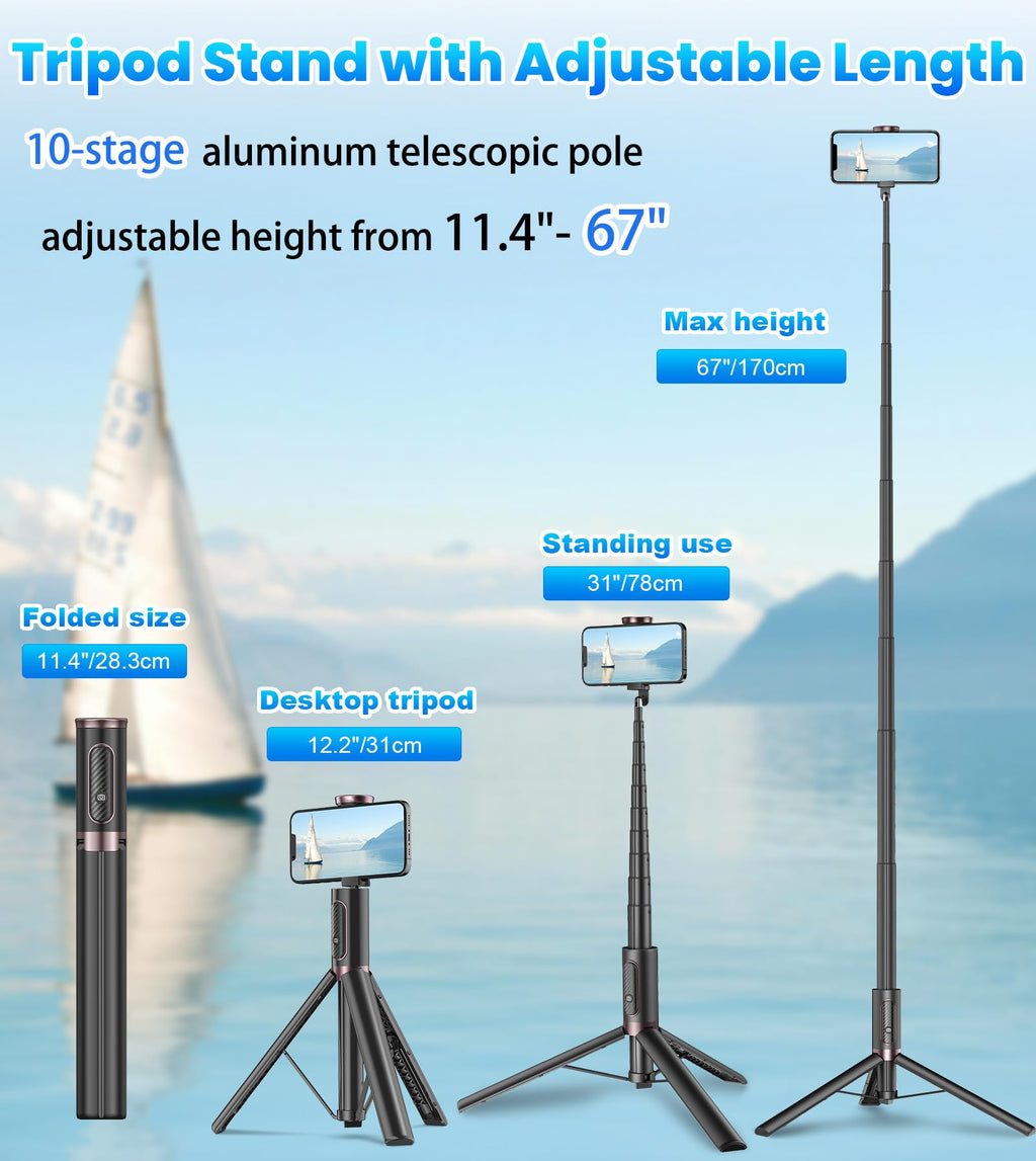 TONEOF 68" Magnetic Selfie Stick Tripod with Aluminum Strong Magnetic Holder for Magsafe, 360° Rotatable Travel Phone Tripod Stand with Metal Ring & Rechargeable Remote for iPhone/Android(Beige Gray)