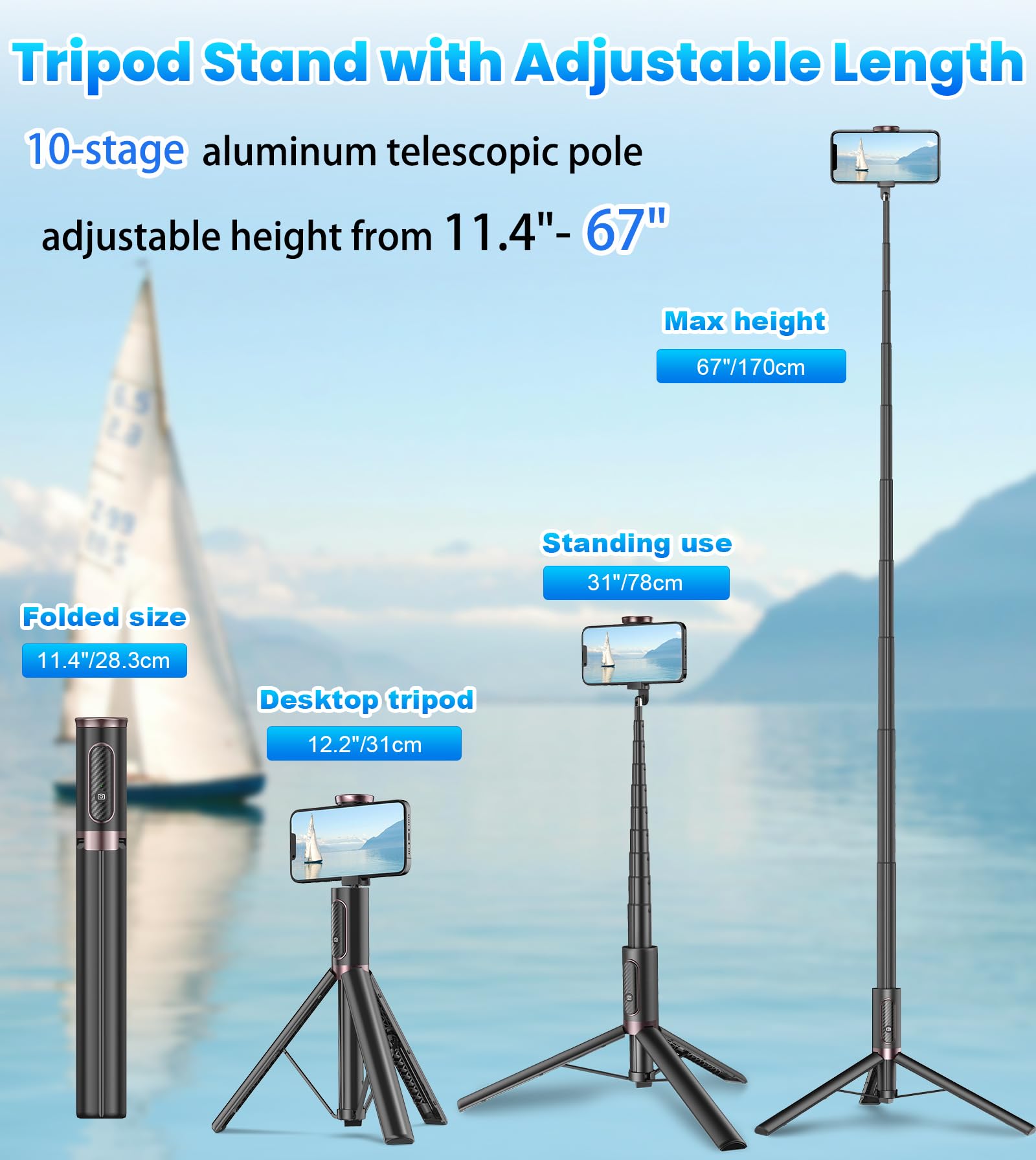 TONEOF 68" Magnetic Selfie Stick Tripod with Aluminum Strong Magnetic Holder for Magsafe, 360° Rotatable Travel Phone Tripod Stand with Metal Ring & Rechargeable Remote for iPhone/Android(Beige Gray)