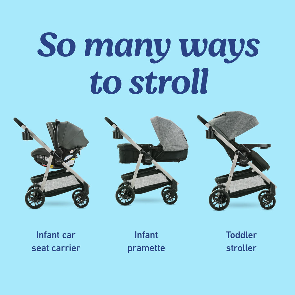 Graco Modes Pramette Travel System, 3-in1 Modular Carseat Stroller Combo, Infant Car Seat Carrier to Toddler Stroller, Includes the SnugRide 35 Car Seat, Ellington