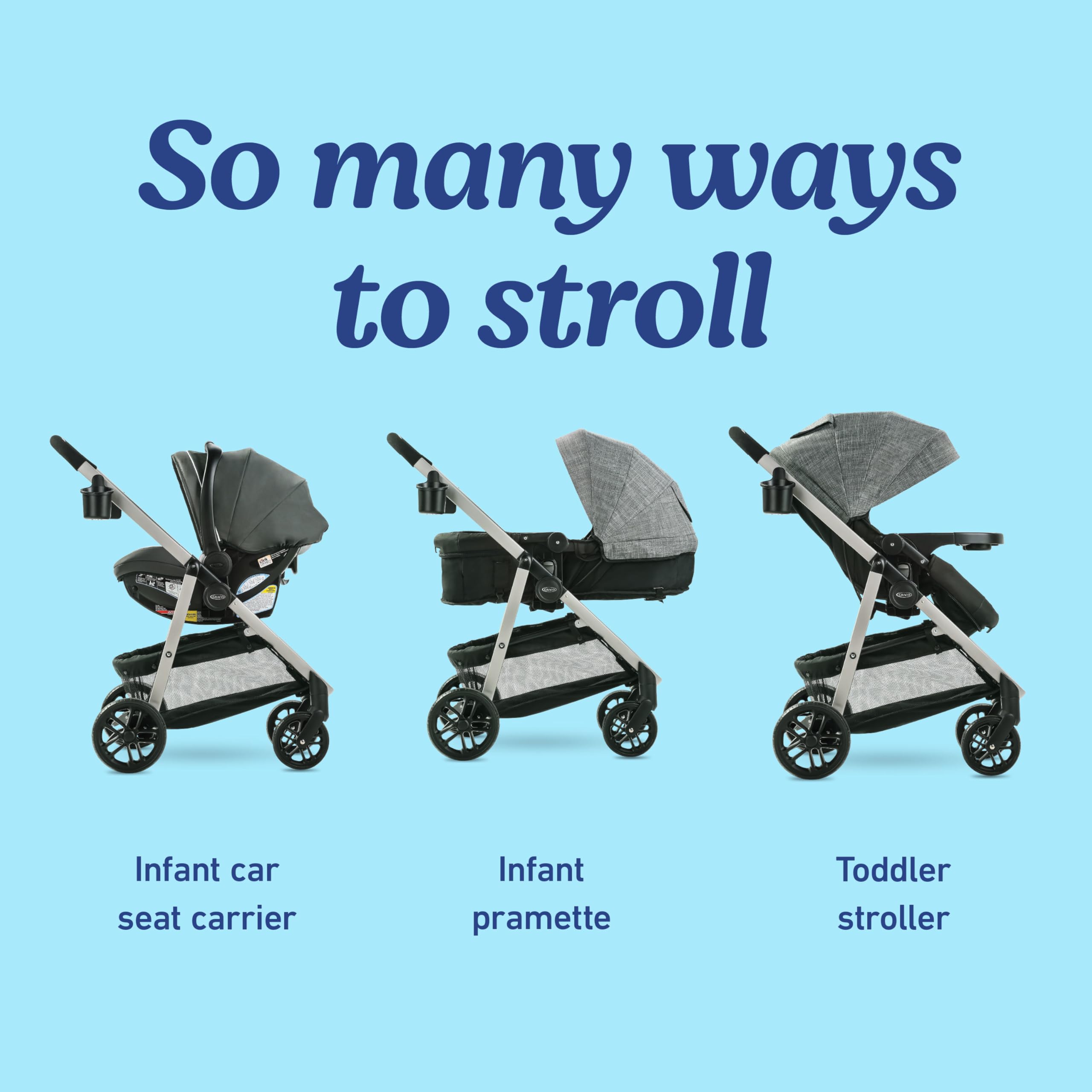 Graco Modes Pramette Travel System, 3-in1 Modular Carseat Stroller Combo, Infant Car Seat Carrier to Toddler Stroller, Includes the SnugRide 35 Car Seat, Ellington