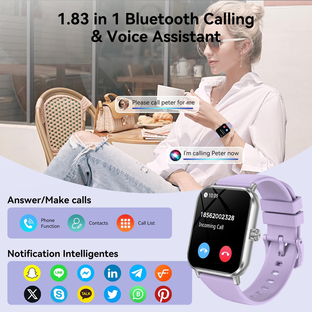 Smart Watch for Men Women, 1.83" HD Touchsreen, Bluetooth Calling, 5 ATM Water-Resistance, 130+ Sports Modes, Health, Fitness & Sleep Tracker, Timer, Fitness Watch for Android/iOS, Purple