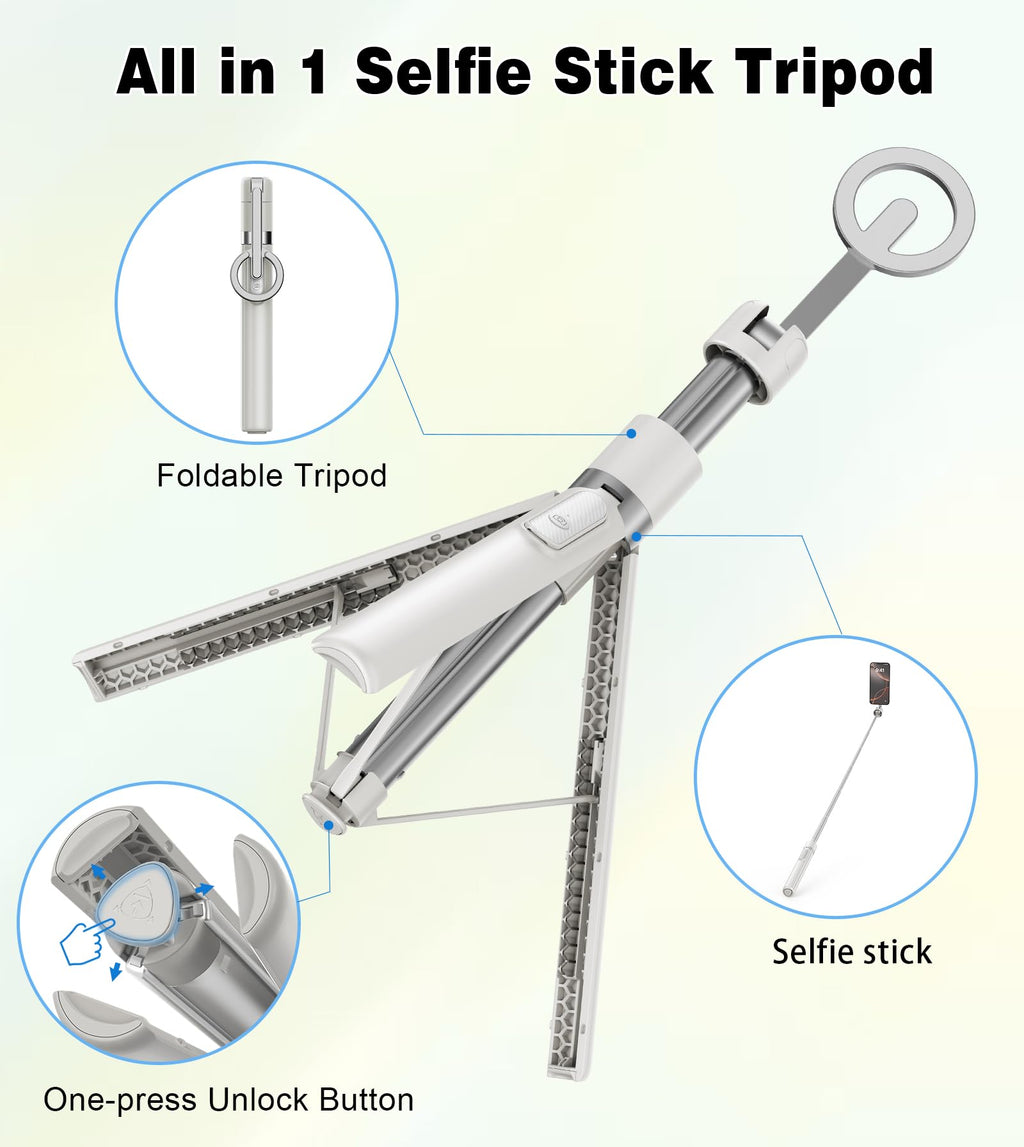 TONEOF 68" Magnetic Selfie Stick Tripod with Aluminum Strong Magnetic Holder for Magsafe, 360° Rotatable Travel Phone Tripod Stand with Metal Ring & Rechargeable Remote for iPhone/Android(Beige Gray)