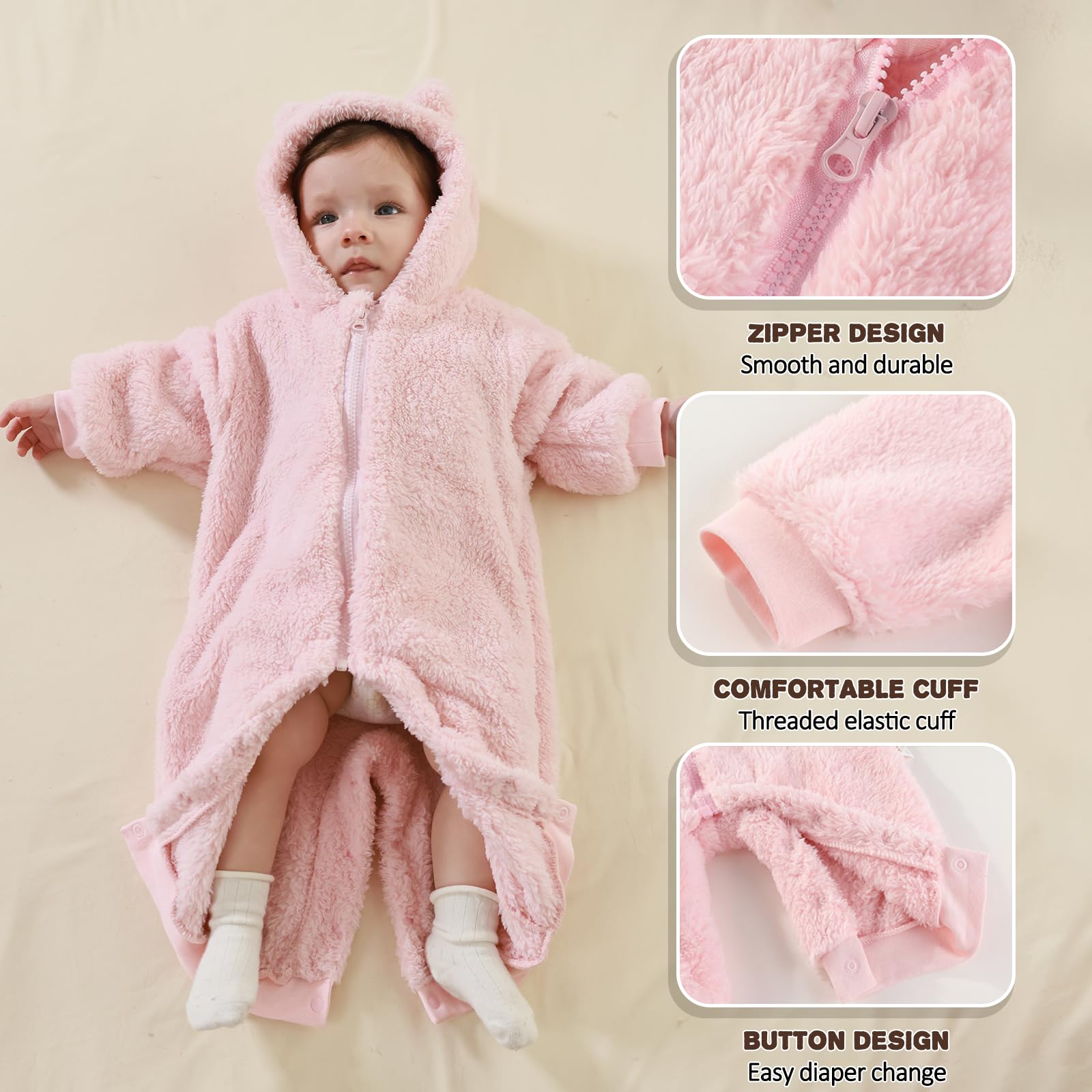 Newborn Baby Bear Outfit Suit Girls Boys Fleece Jumpsuit Romper Hooded Winter Snowsuit Clothes