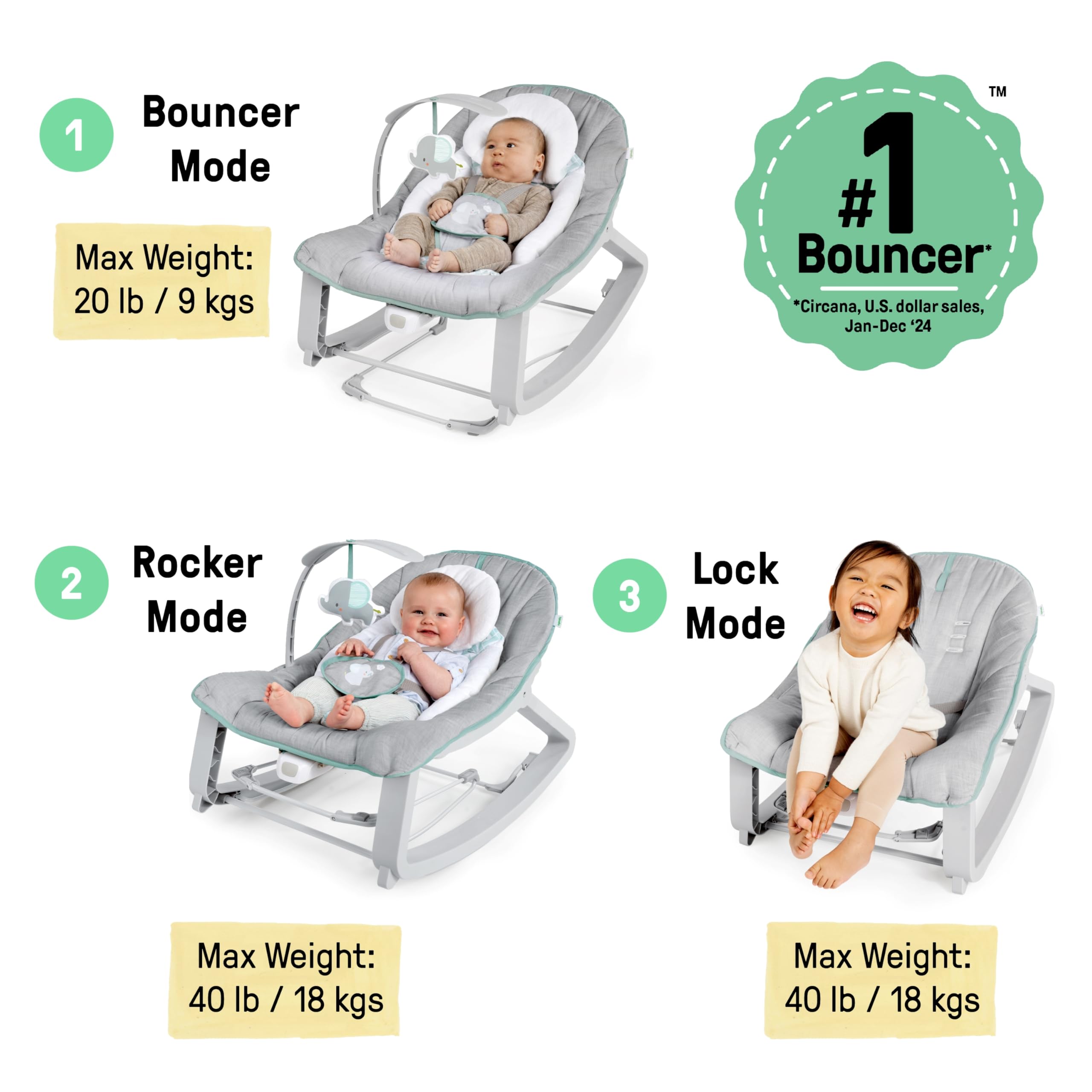 Ingenuity Keep Cozy 3-in-1 Grow with Me Vibrating Baby Bouncer, Seat & Infant to Toddler Rocker, Vibrations & -Toy Bar, 0-30 Months Up to 40 lbs (Weaver)