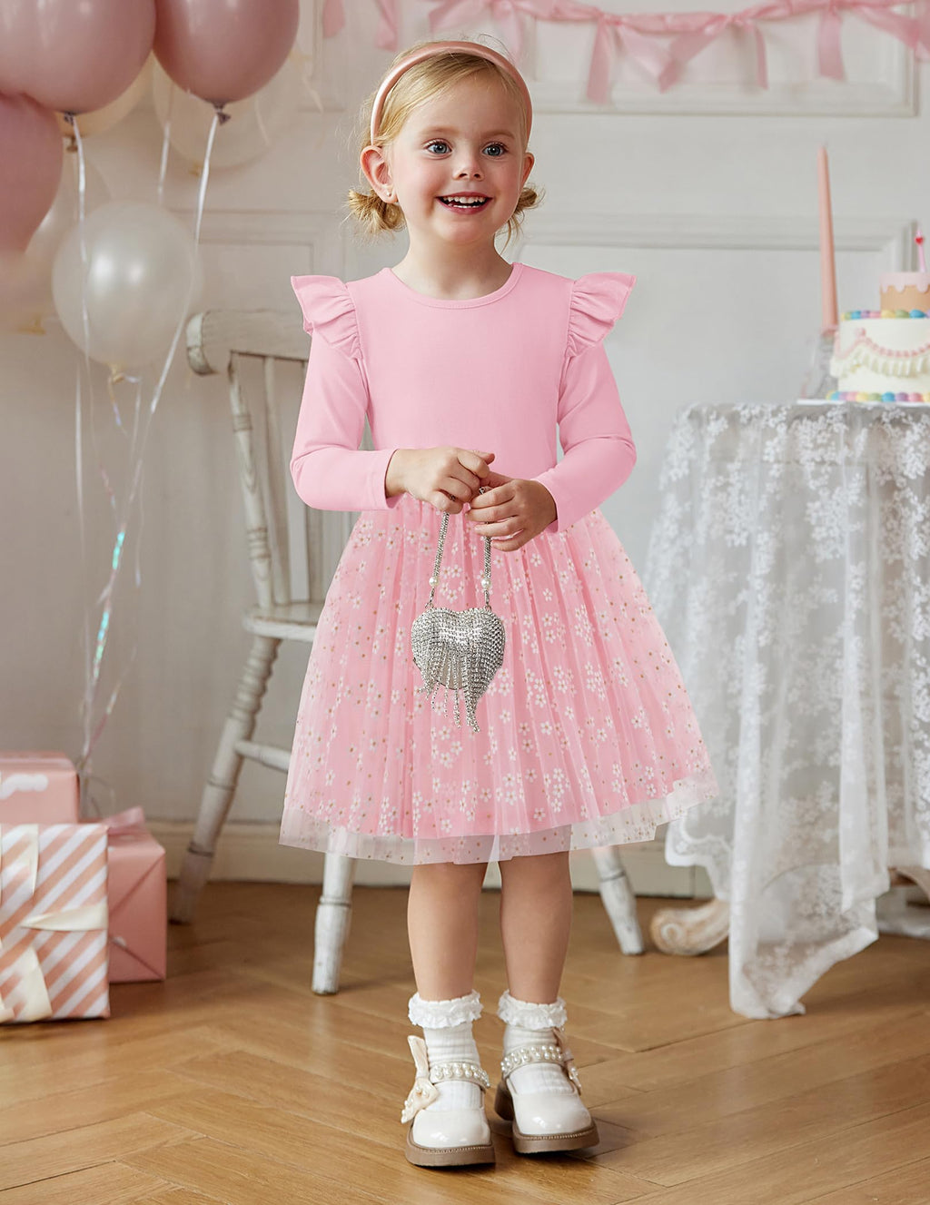 Arshiner Toddler Girls Tutu Dresses Long Sleeve Ruffle Fall Winter Holiday Star Sequin Tulle Dress 2-6Y