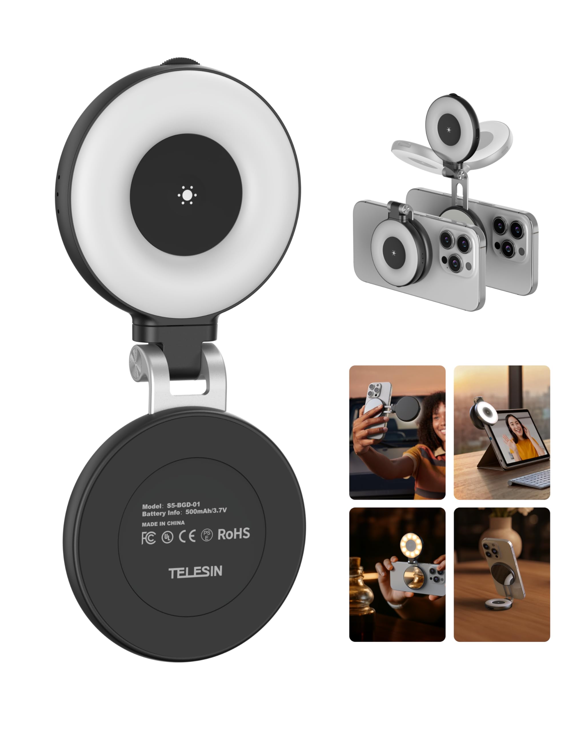 TELESIN C03 Magnetic Phone Beauty Selfie Light Compatible with iPhone Magsafe, CRI97 360° LED Selfie Ring Fill Light with Mirror for Selfies/Photography/TikTok/Zoom Calls/Video Conference(Black)
