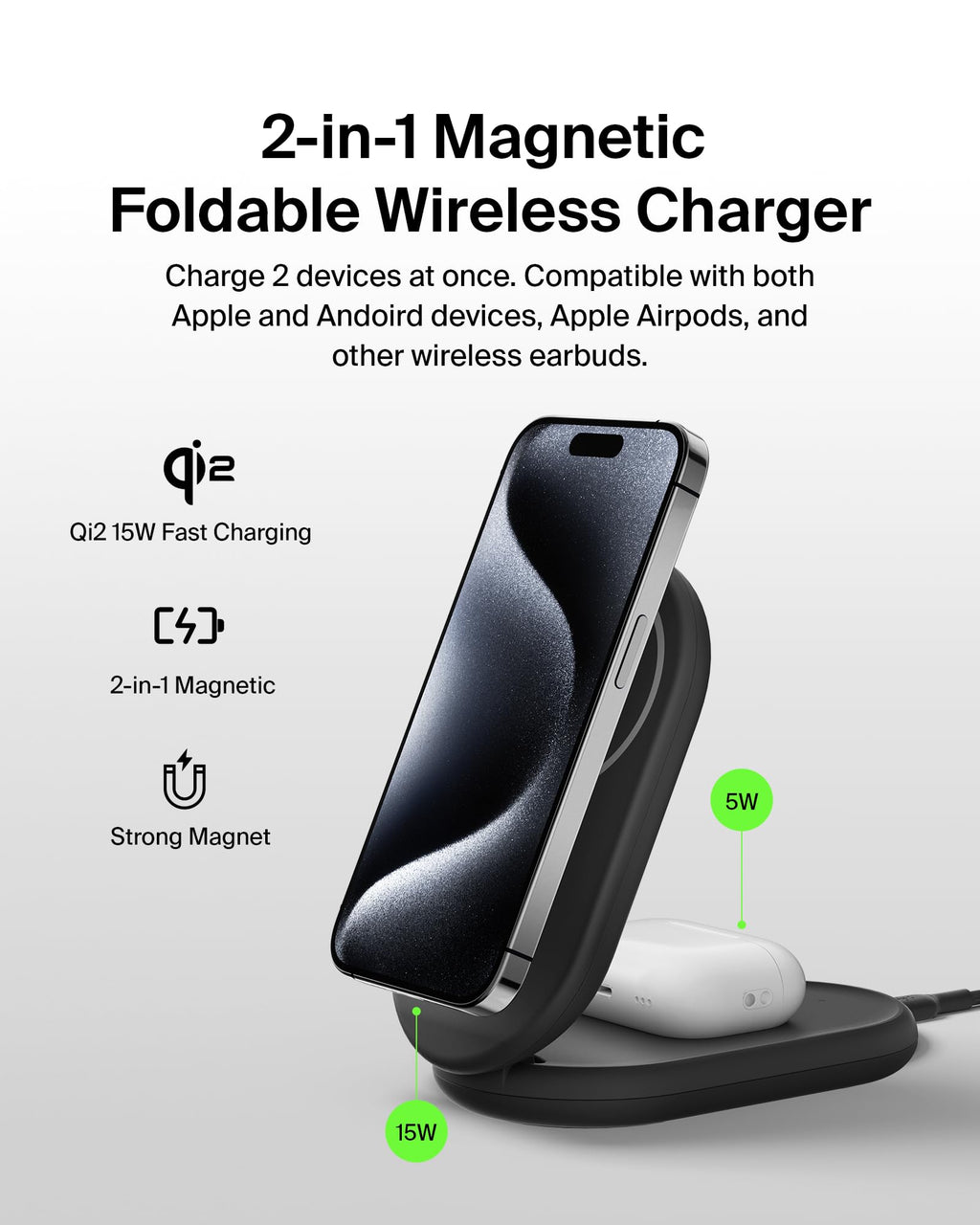 Belkin 3-in-1 MagSafe-Compatible iPhone Charger - Foldable Magnetic Qi2 Certified, MagSafe Charging Station for Phone, Apple Watch, AirPods - Wireless for Multiple Devices