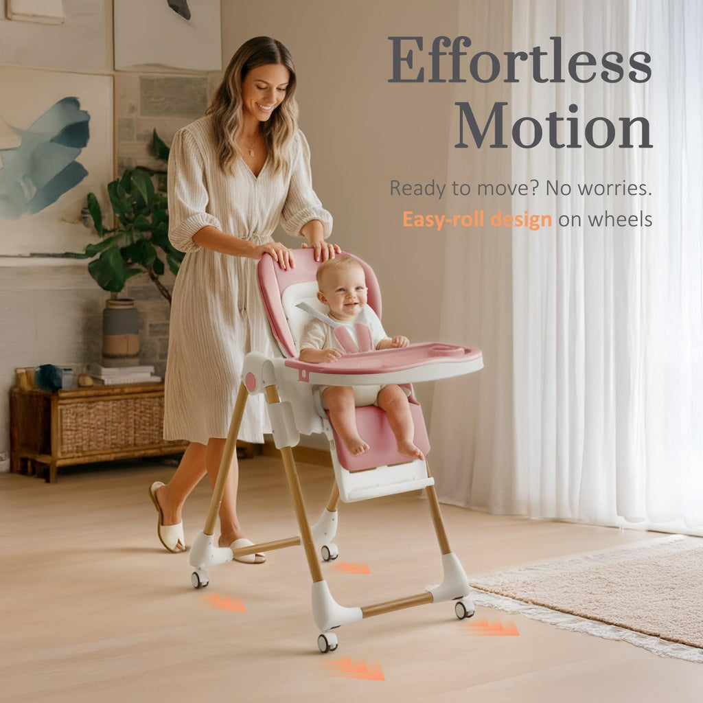 Mallify Foldable High Chairs for Babies and Toddlers, 3-in-1 Convertible Baby High Chair with Removable Soft Cushion and Tray, Adjustable Height & Recline, Lockable Wheels, Dark Blue