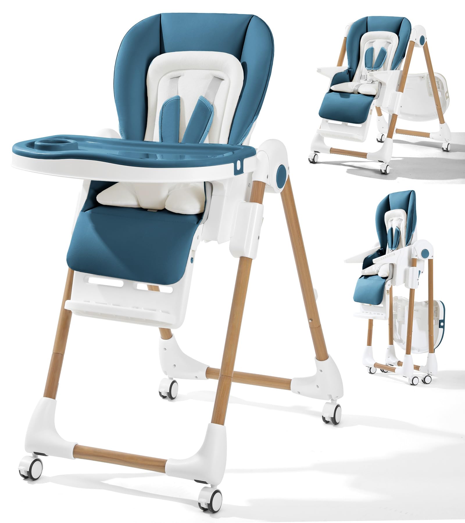 Mallify Foldable High Chairs for Babies and Toddlers, 3-in-1 Convertible Baby High Chair with Removable Soft Cushion and Tray, Adjustable Height & Recline, Lockable Wheels, Dark Blue