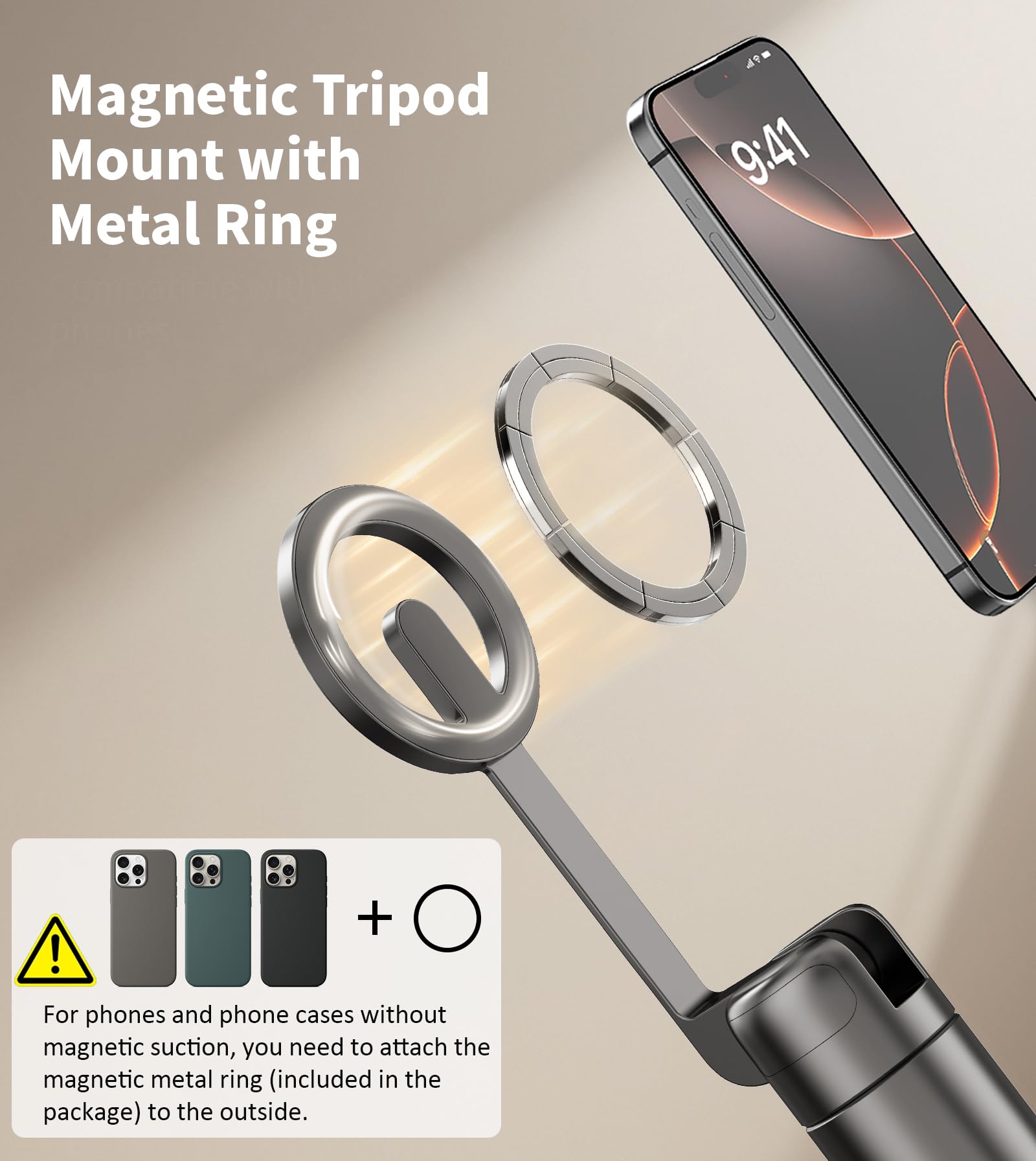 TONEOF 68" Magnetic Selfie Stick Tripod with Aluminum Strong Magnetic Holder for Magsafe, 360° Rotatable Travel Phone Tripod Stand with Metal Ring & Rechargeable Remote for iPhone/Android(Beige Gray)